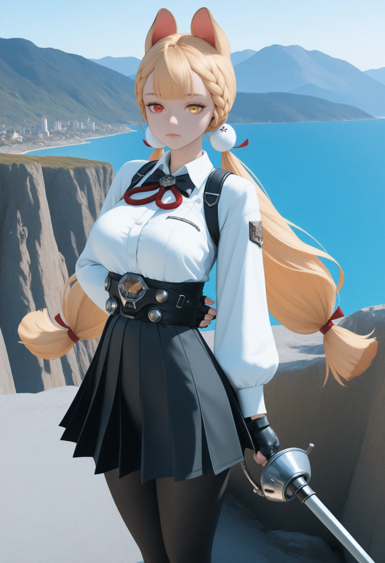 newest, solo, 1girl, blonde hair, expressionless, looking at viewer, standing, arm behind back, holding sword, rapier, low twintails, braid, pom pom hair ornament, hair ribbon, red ribbon, animal ears, heterochromia, red eyes, yellow eyes, white shirt, collared shirt, shirt tucked in, shoulder strap, black bowtie, puffy long sleeves, black gloves, fingerless gloves, black skirt, pleated skirt, underbust, black pantyhose, outdoors, day, building, mountainous horizon, ocean, cliff
<segment:yolo-Anzhc Face seg 640 v3 y11n.pt,0.5,1//cid=11>