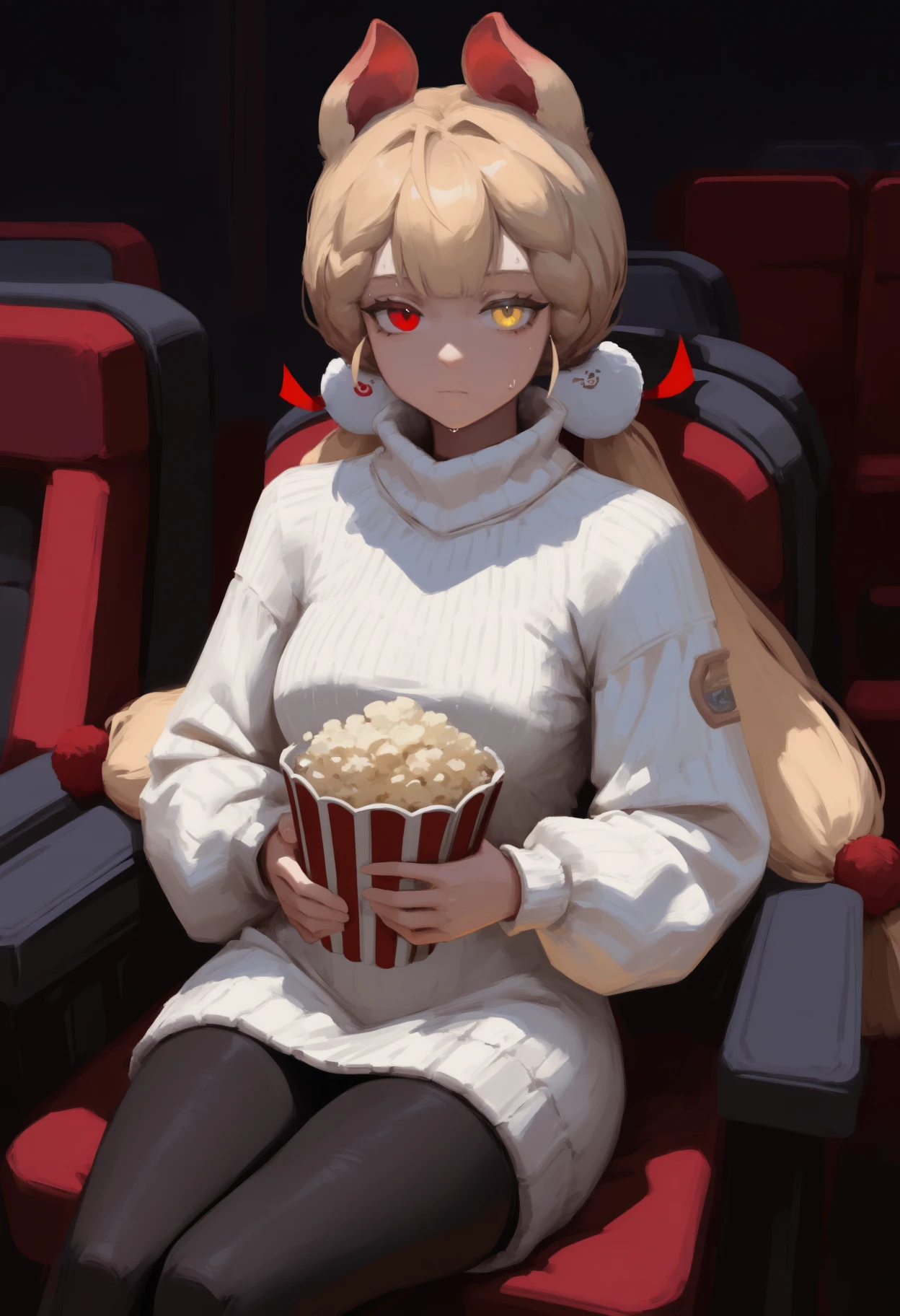newest, painterly, solo, 1girl, sweat, expressionless, looking at viewer, sitting, on chair, holding popcorn, blonde hair, low twintails, braid, pom pom hair ornament, hair ribbon, red ribbon, animal ears, heterochromia, red eyes, yellow eyes, white sweater, sweater dress, ribbed sweater, turtleneck sweater, long sleeves, black pantyhose, indoors, movie theater
<segment:yolo-Anzhc Face seg 640 v3 y11n.pt,0.5,1//cid=11>