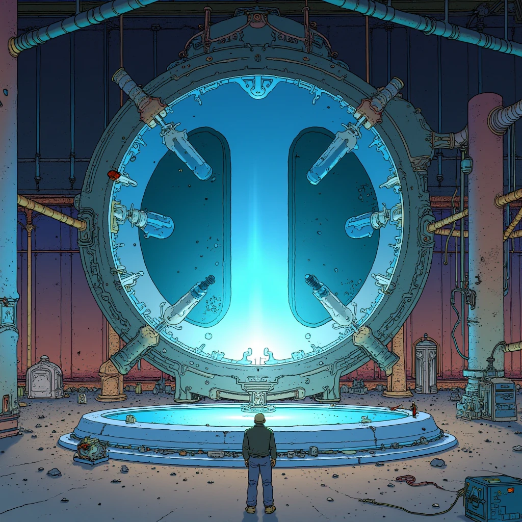 cartoon moebius illustration in mb artstyle, A highly detailed digital painting of a futuristic, sci-fi industrial setting with a large, circular chamber in the center. The chamber is filled with large, metallic pipes and machinery, with a bright, glowing blue light emanating from the center, creating a dramatic, ethereal atmosphere. The walls are made of dark, metallic panels, and the floor is made of concrete. A man stands in the foreground, looking up at the chamber. The lighting is dramatic, with streaks of light coming from the chamber and casting a warm glow on the surrounding area. The overall mood is one of energy and excitement.