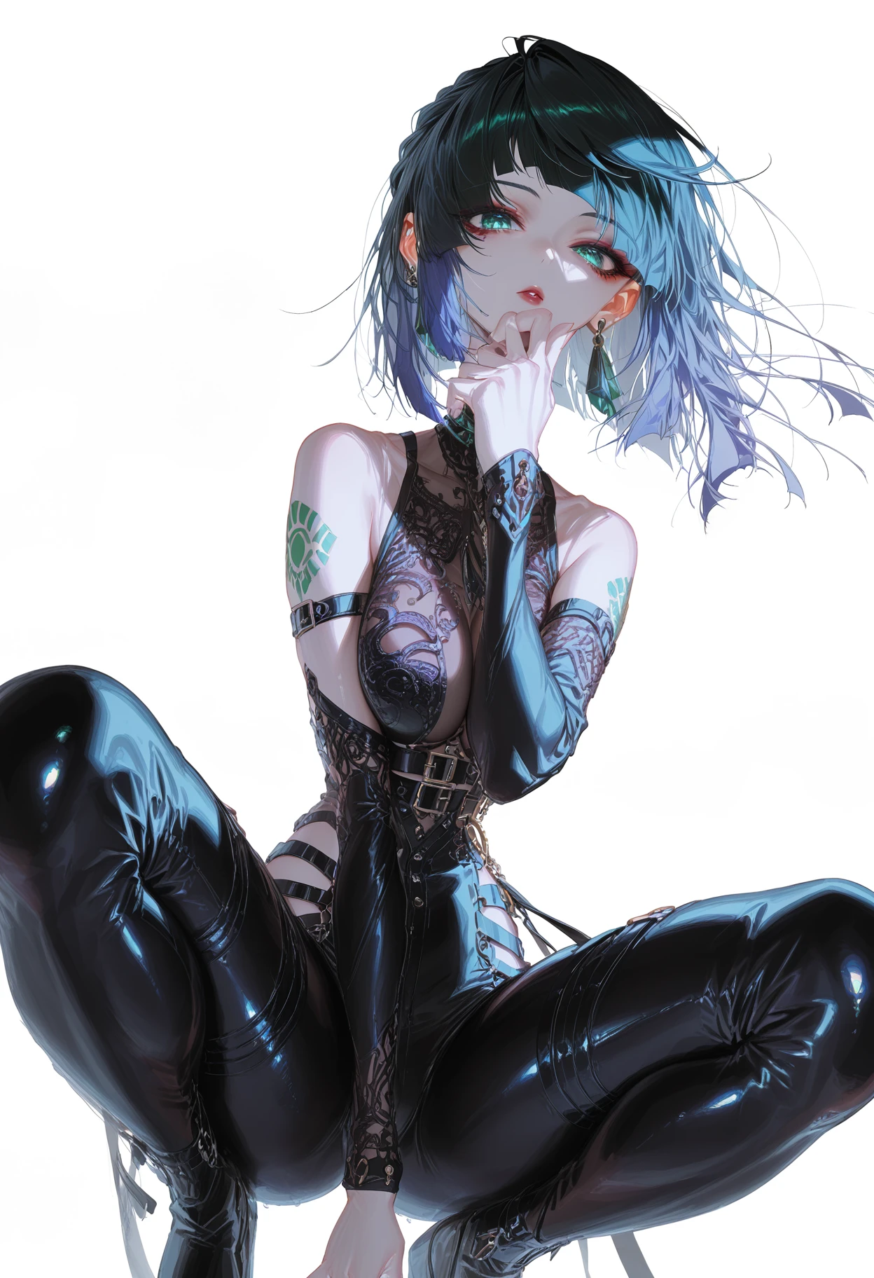 masterpiece,best quality,amazing quality,absurdres,aesthetic,newest,stylecrymachina, 1girl,yelan, genshin impact,, floating hair,, beautiful face, squatting, spread legs, knees up, large breasts, long legs,arm between legs, hand under chin,leaning forward,black leather bodysuit, , belts, sleeves, bare shoulders, tattoos, shiny reflection on body, purple eyes, eyeshadow ,lipstick,iridescent eyes, dutch angle , from below, detailed, intricate, simple background, white background,, masterpiece, best quality, amazing quality, detailed background, intricate details <lora:None:1.0> <lora:crymachina_style_rouwei07_vpred_version_60:2.0000000000000004>