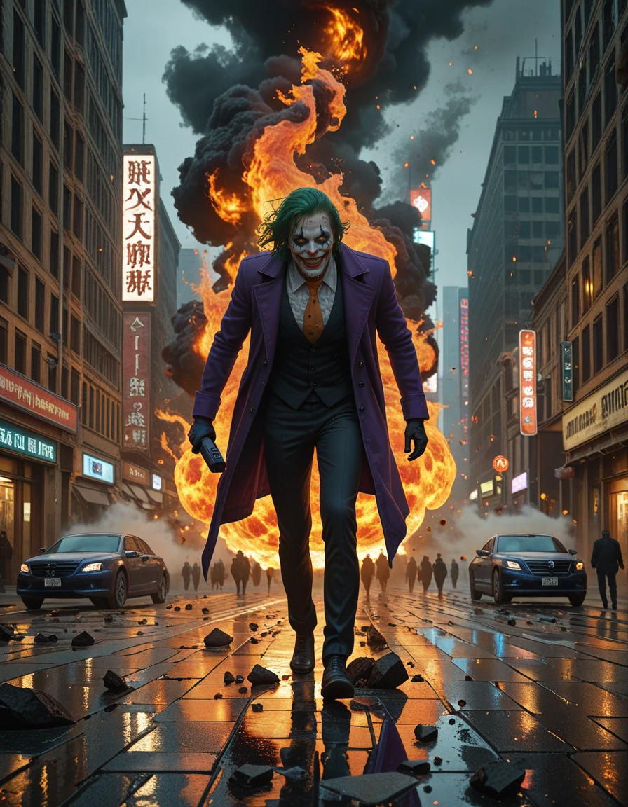 1boy, photorealistic, cinematic realism, masterpiece, ultra quality, (the joker:1.5), the dark knight rises, full body shot, looking at viewer, walking towards the viewer, background exploding building, massive fireball in background, large flames, flying debris, smoke and dust, long purple coat fluttering in wind, green hair, cracked white face paint, red smeared smile, holding detonator or match, chaotic grin, glowing orange firelight, wet pavement reflecting flames, dark city street, cinematic wide shot, slow walk, dramatic tension, moody lighting, stylized realism, action movie poster energy, dynamic composition, joker unbothered