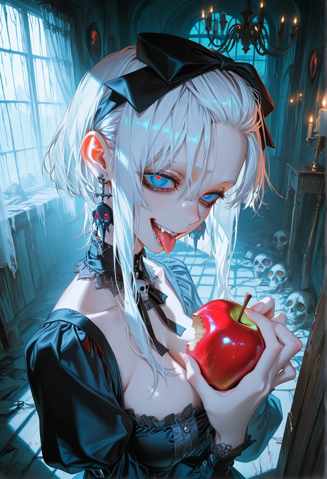 masterpiece,best quality,amazing quality,absurdres,aesthetic,newest,stylecrymachina, 1girl,solo,blue eyes, short hair with long locks, bangs pinned back, hair between eyes, sidelocks, white hair tie,black hair bow, forehead, large_breasts,cleavage,half-closed_eyes, evil smile,tongue,holding apple,(lick the apple),very close-up,portrait,tongue close-up,crazy, looking at viewer,from_side,from_above, black_gothic_dress,square_neckline, puffy_sleeves, bat earrings,skull predant, eerie atmosphere, dim lighting, cold color palette (muted blues, grays, greens), thick mist, haunted room, vintage furniture, dusty antiques, old wooden chairs, cobweb-covered chandelier, tattered curtains, flickering candlelight, cracked mirrors, faded portraits, mysterious shadows, unsettling silence, ghostly glow, abandoned interior, decaying elegance, empty hallway, ominous ambiance, soft haze, gothic decor, unsettling stillness, peeling wallpaper, forgotten objects, uncanny vibe, surreal quietness, faint moonlight through windows, slow-moving fog <lora:None:1.0> <lora:crymachina_style_rouwei07_vpred_version_60:1.4000000000000004>