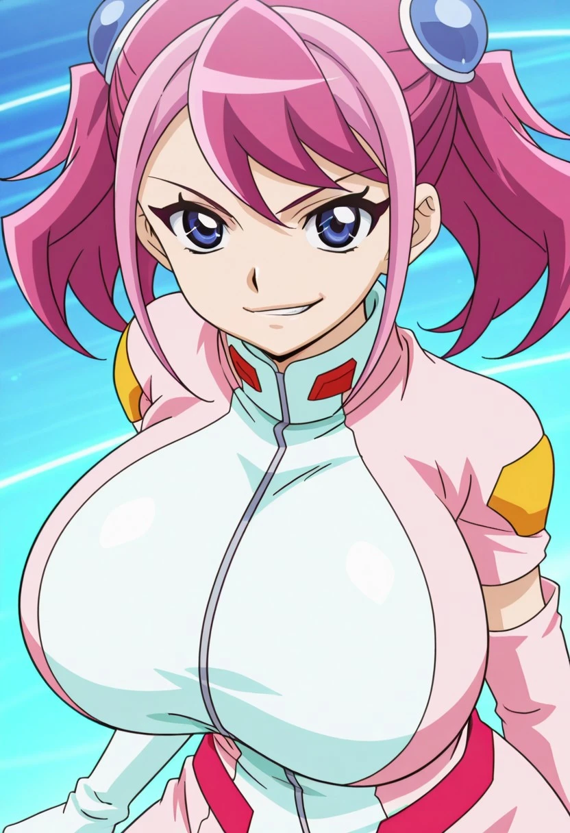 masterpiece,best quality,high quality,detailed shading,high contrast,cel-shading,anime screencap,anime coloring,1girl,solo,zuzu boyle,pink hair,blue eyes,short twintails,two-tone hair,huge breasts,v-shaped eyebrows,smirking confidently,bodysuit,elbow,gloves,dynamic pose
