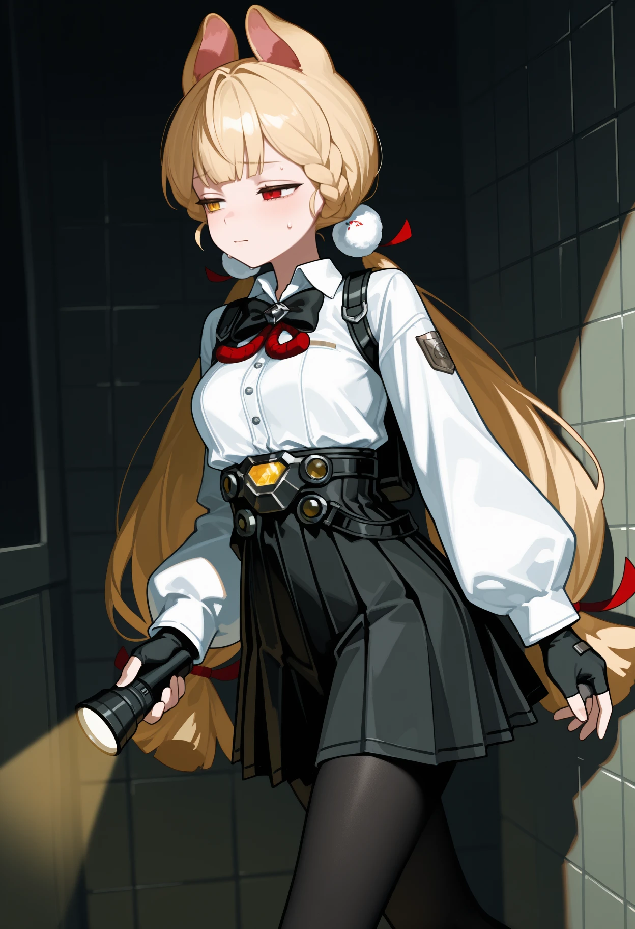 newest, solo, 1girl, blonde hair, sweatdrop, nervous, looking away, walking, holding flashlight, low twintails, braid, pom pom hair ornament, hair ribbon, red ribbon, animal ears, heterochromia, red eyes, yellow eyes, half-closed eyes, white shirt, collared shirt, shirt tucked in, shoulder strap, black bowtie, puffy long sleeves, black gloves, fingerless gloves, black skirt, pleated skirt, underbust, black pantyhose, indoors, dark background, tile wall
<segment:yolo-Anzhc Face seg 640 v3 y11n.pt,0.5,1//cid=11>