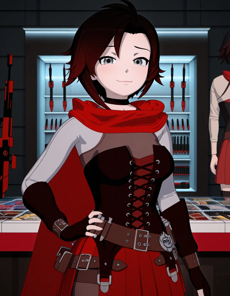 masterpiece, best quality, amazing quality,, <lora:ruby-rose-vol7-illustriousxl-lora-nochekaiser:1>, ruby rose, short hair, black hair, multicolored hair, red hair, grey eyes, black eyes, gradient hair, mature female, medium breasts, 3d, skirt, gloves, thighhighs, pantyhose, black gloves, choker, belt, fingerless gloves, cape, red skirt, corset, red cape, bandolier,, smug, hands on own hip,, weapon shop, weapons, display, store, items, cowboy shot, solo, looking at viewer,