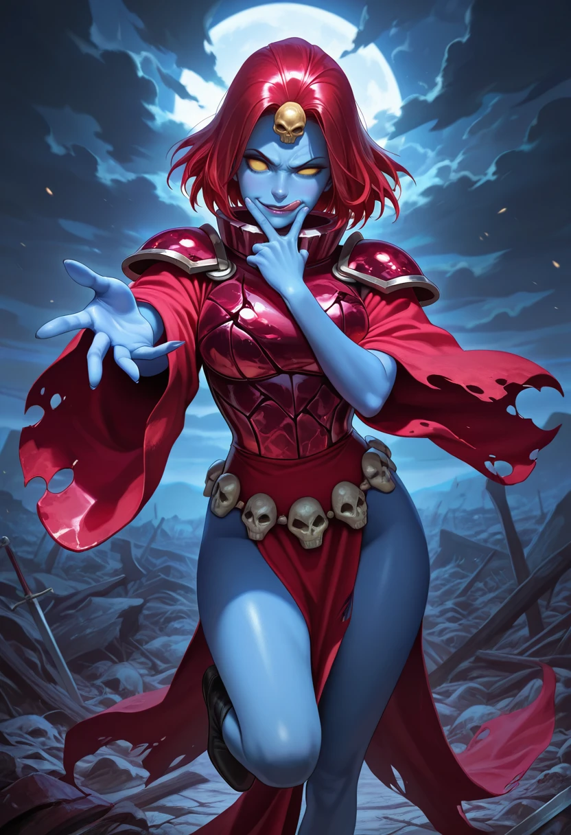 Veran,blue skin,hair over one eye,red eyes,orange hair,blue lips,
cleavage,midriff,collar,purple shoulder armor,long skirt,purple top,long sleeves,head cap,
solo,upper body,standing,smile,
dark castle,fantasy,dark magic,
(insanely detailed, beautiful detailed face, masterpiece, detailed eyes, best quality),<lora:Veran-10ZD:0.8>,