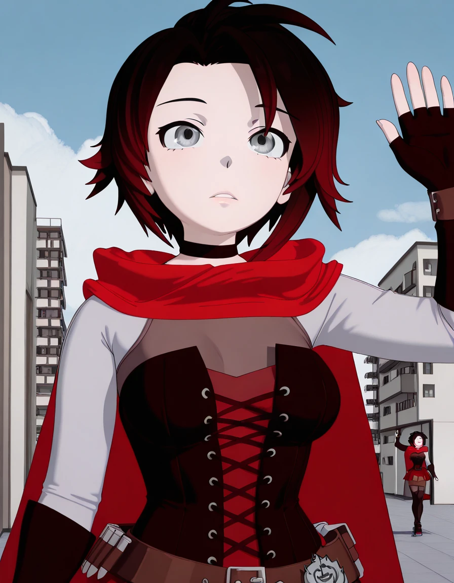 masterpiece, best quality, amazing quality,, <lora:ruby-rose-vol7-illustriousxl-lora-nochekaiser:1>, ruby rose, short hair, black hair, multicolored hair, red hair, grey eyes, black eyes, gradient hair, mature female, medium breasts, 3d, skirt, gloves, thighhighs, pantyhose, black gloves, choker, belt, fingerless gloves, cape, red skirt, corset, red cape, bandolier,, <lora:panatang-makabayan-illustriousxl-lora-nochekaiser:1>, panatang makabayan, looking up, expressionless, upper body, parted lips, hand up, waving, solo, outdoors, blue sky, clouds, apartment, building, rooms, residents, balconies, cowboy shot, solo, looking at viewer, <lora:transparent-background-illustriousxl-lora-nochekaiser:1>, transparent background, simple background, white background