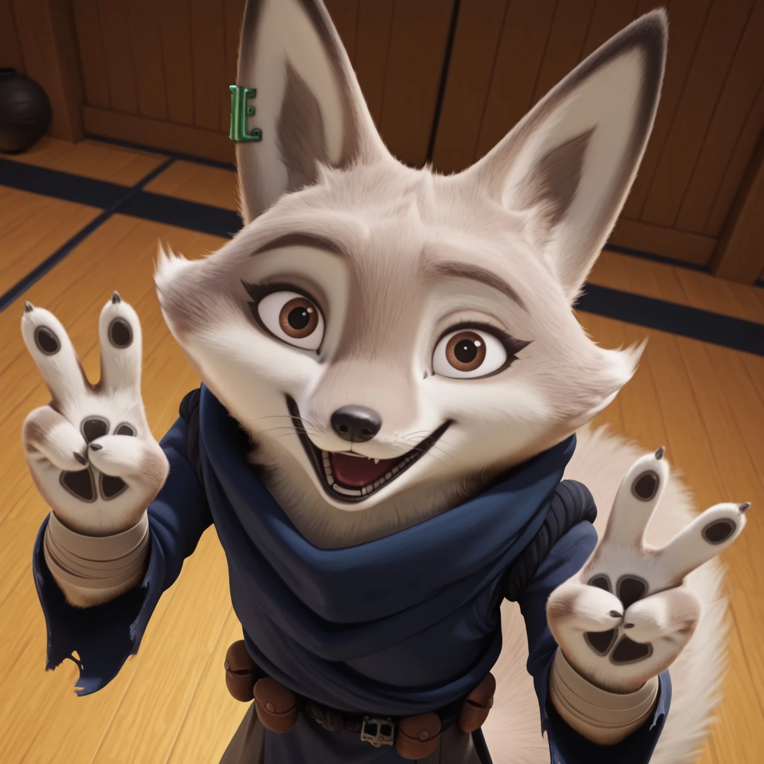 uncensored, masterpiece, best quality, highly detailed, realistic, 1girl, solo, ZhenKFP, furry female, anthro, fox, green ear piercing, cheek tuft, brown eyebrows, brown eyes, black pupils, black nose, whiskers, grey body, grey fur, white body, white fur, two tone body, two tone fur, fluffy tail, blue tunic, grey bandages, torn clothes, grey trousers, baggy trousers, black utility belt, upper body, standing, smile, open mouth, teeth, looking at viewer, indoors, dojo, detailed background, front view, peace sign, double peace, paw pads, 4 fingers, black claws, dutch angle, high-angle view, standing, close-up
