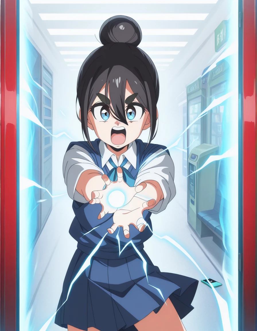 masterpiece, best quality, amazing quality,, <lora:satsuki-amamiya-s1-illustriousxl-lora-nochekaiser:1>, satsuki amamiya, short hair, blue eyes, black hair, hair between eyes, hair bun, thick eyebrows, single hair bun, anime screencap, shirt, ribbon, white shirt, collared shirt, vest, blue skirt, pleated skirt, blue vest, white shirt, collared shirt, <lora:kamehameha-illustriousxl-lora-nochekaiser:1>, kamehameha, kamehameha (dragon ball), open mouth, incoming attack, torn clothes, shouting, energy, energy beam, energy ball, from side, electricity,, phone booth, glass, phone, street, retro, cowboy shot, solo, looking at viewer,