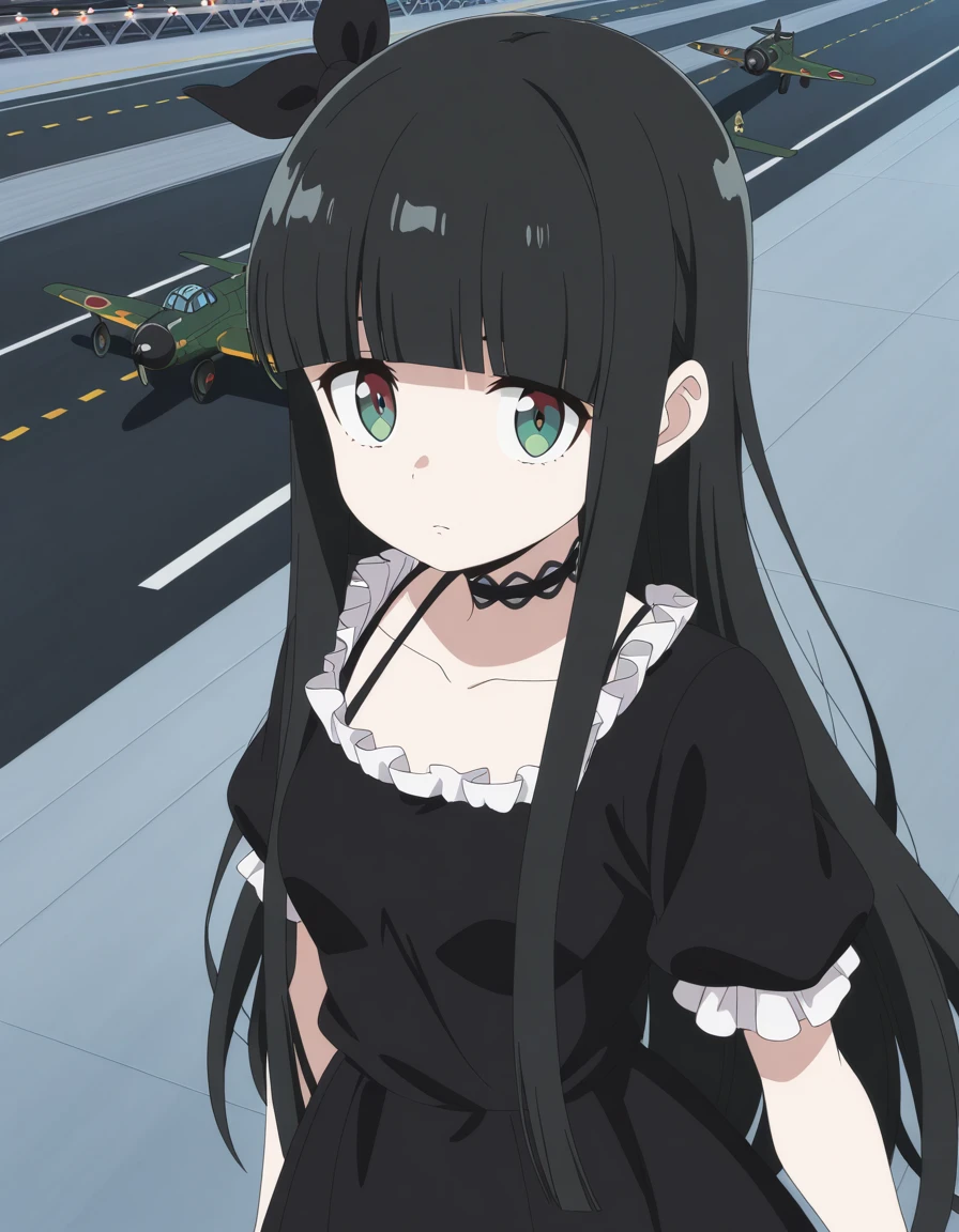 masterpiece, best quality, amazing quality,, <lora:torayo-kurokuma-s1-illustriousxl-lora-nochekaiser:1>, torayo kurokuma, long hair, black hair, red eyes, green eyes, bow, ribbon, sidelocks, hair bow, black bow, blunt bangs, anime screencap, dress, collarbone, frills, choker, black dress, black choker,, from above,, runway, planes, lights, takeoff, landing, cowboy shot, solo, looking at viewer,