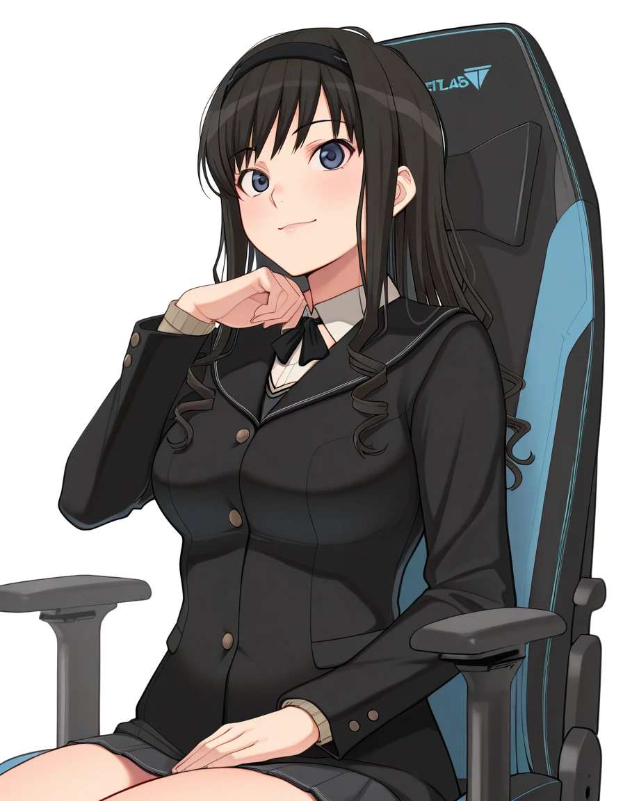 masterpiece, best quality, amazing quality,, <lora:haruka-morishima-illustriousxl-lora-nochekaiser:1>, haruka morishima, morishima haruka, long hair, black hair, hairband, black hairband, mature female, breasts,, <lora:secretlab-chair-illustriousxl-lora-nochekaiser:1>, secretlab chair, chair, office chair, gaming chair, sitting, cowboy shot, elbow rest, ,