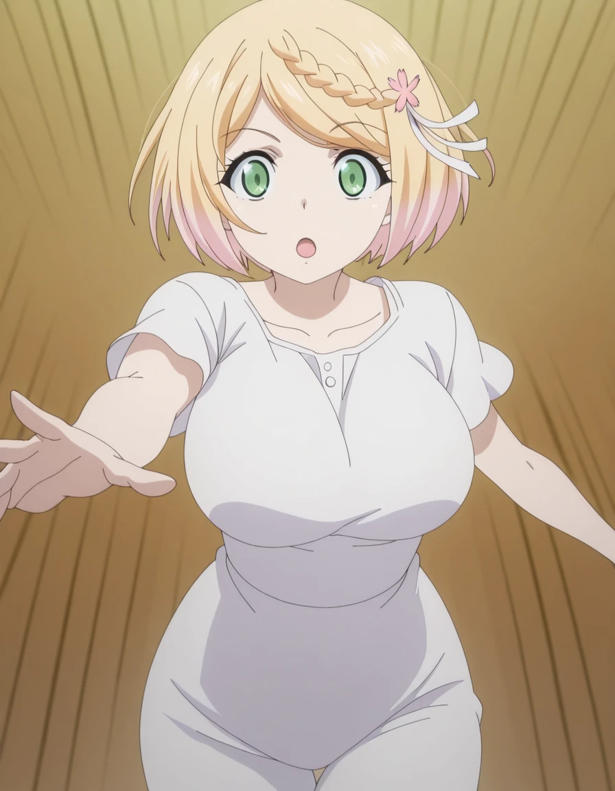 masterpiece, best quality, amazing quality,, <lora:sakura-mochida-s1-illustriousxl-lora-nochekaiser:1>, sakura mochida, short hair, blonde hair, hair ornament, green eyes, pink hair, braid, multicolored hair, hair flower, mature female, breasts, anime screencap, <lora:dynamic-pose-illustriousxl-lora-nochekaiser:1>, dynamic pose, incoming attack, cowboy shot, ,