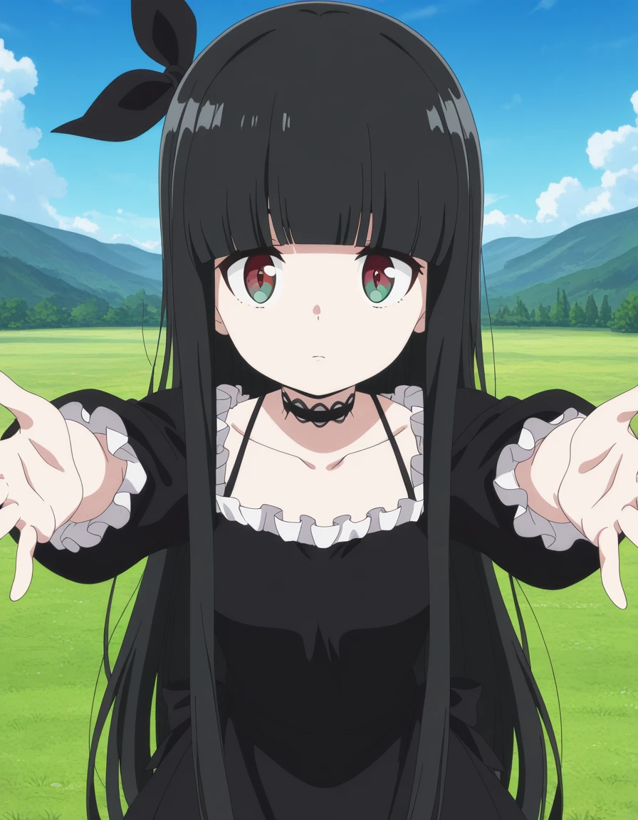 masterpiece, best quality, amazing quality,, <lora:torayo-kurokuma-s1-illustriousxl-lora-nochekaiser:1>, torayo kurokuma, long hair, black hair, red eyes, green eyes, bow, ribbon, sidelocks, hair bow, black bow, blunt bangs, anime screencap, dress, collarbone, frills, choker, black dress, black choker,, on back, arm support, arms up, incoming hug, pov, reaching, reaching towards viewer,, plain, grass, open, vast, sky, cowboy shot, solo, looking at viewer,