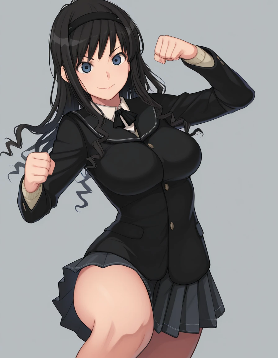 masterpiece, best quality, amazing quality,, <lora:haruka-morishima-illustriousxl-lora-nochekaiser:1>, haruka morishima, morishima haruka, long hair, black hair, hairband, black hairband, mature female, breasts,, <lora:dynamic-pose-illustriousxl-lora-nochekaiser:1>, dynamic pose, kicking, cowboy shot, ,