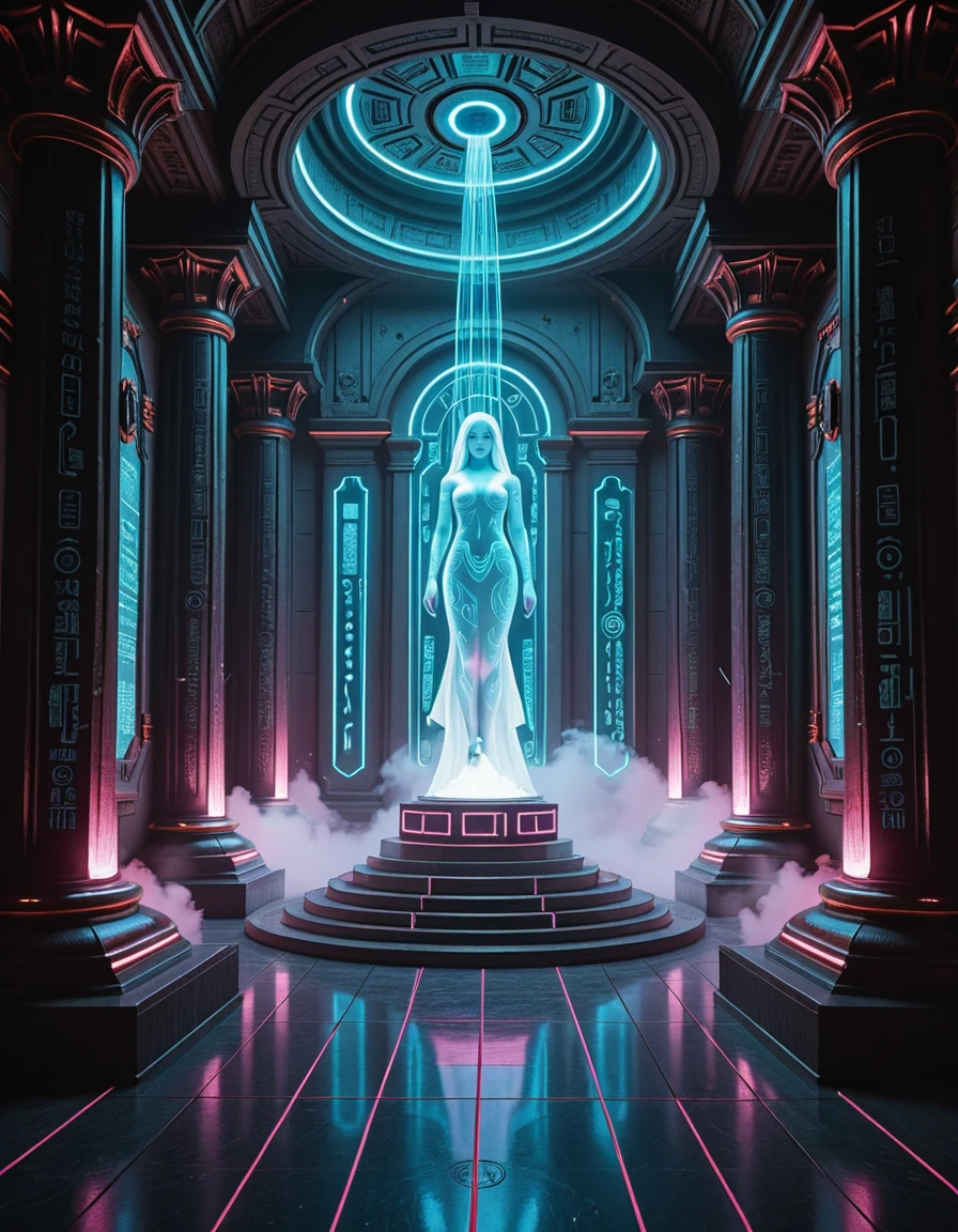 Interior of a cyberpunk temple with no humans, bathed in pulsating neon light and digital haze, holographic scriptures drift slowly in the air like sacred code, walls inscribed with glowing circuit-like patterns and ancient cyber-glyphs, towering statues of synthetic deities made of chrome and wires, their eyes emitting constant data streams, central altar constructed from transparent crystal, fiber optics, and quantum cores, surrounded by levitating drones performing ritualistic light patterns, nanomist flows gently through the aisles like digital incense, ambient sounds of low-frequency hums and soft chimes echo like machine prayersâthis sacred sanctuary is dedicated to the worship of eternal virtual life and the divine code,cyberpunk t3mpl3, <lora:cyberpunk_t3mpl3-i:1>, Masterpiece,best quality,hi res,8k,hi res,8k,award winning,(sharp focus, intricate, highly detailed),