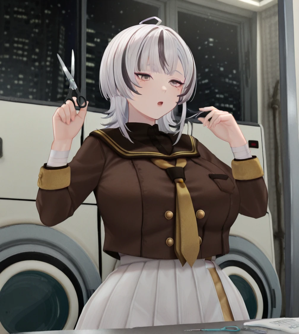 1girl, wild hips, huge breasts, alternate hair length, bandaged arm, bandages, breasts, cutting hair, mole, mole under eye, open mouth, scissors, solo, upper body, laundromat, washing machine, night, empty,
ãã§ã¦ 試ç,short hair,
ahoge,parted bangs,
two tone hair,black hair,white hair,
long sidelocks,
gold eyes,
brown serafuku,sailor collar,yellow necktie,
white skirt,pleated skirt,
loafers,black shoes,
intricate details,detailed background,
<lora:noobaiXLNAIXL_epsilonPred11Version-lora:0.11> <lora:Curve slider IXL2_alpha16.0_rank32_full_last:2> <lora:anatomy_helper:1> <lora:ChamIllustriousBackgroundEnhancer:1> <lora:ãã§ã¦_試çvrchat:0.8>