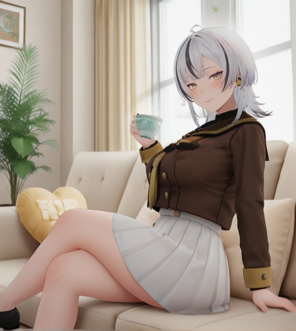 1girl, wild hips, huge breasts, blush, closed mouth, couch, crossed legs, cup, cushion, earbuds, earphones, feet out of frame, flower, heart, heart-shaped pillow, holding, holding cup, hood down, incense, indoors, looking at viewer, looking back, on couch, pillow, plant, potted plant, sitting, smile, solo, white flower,
ãã§ã¦ 試ç,short hair,
ahoge,parted bangs,
two tone hair,black hair,white hair,
long sidelocks,
gold eyes,
brown serafuku,sailor collar,yellow necktie,
white skirt,pleated skirt,
loafers,black shoes,
intricate details,detailed background,
<lora:noobaiXLNAIXL_epsilonPred11Version-lora:0.11> <lora:Curve slider IXL2_alpha16.0_rank32_full_last:2> <lora:anatomy_helper:1> <lora:ChamIllustriousBackgroundEnhancer:1> <lora:ãã§ã¦_試çvrchat:0.8>