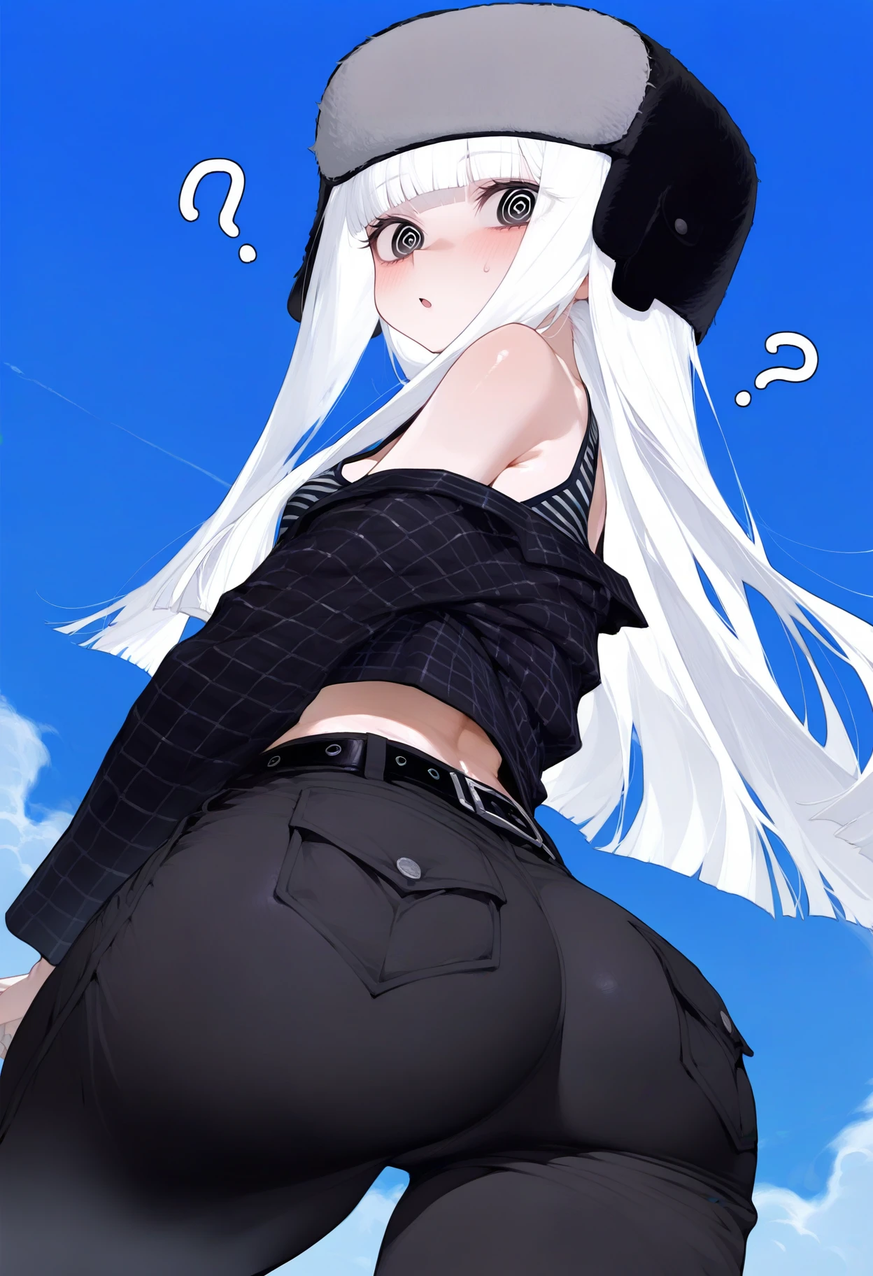 origin,horns, outfit-skyline, 1girl,horns, solo, long hair,red eyes,, ass, hat,white pants,  simple background, white background,  looking at viewer, from behind, breasts, bag, looking back, black headwear, large breasts <lora:outfit-skyline-pynoise:1>  <lora:Arknights-mudrock-Obsidian (With multires noise version):1>