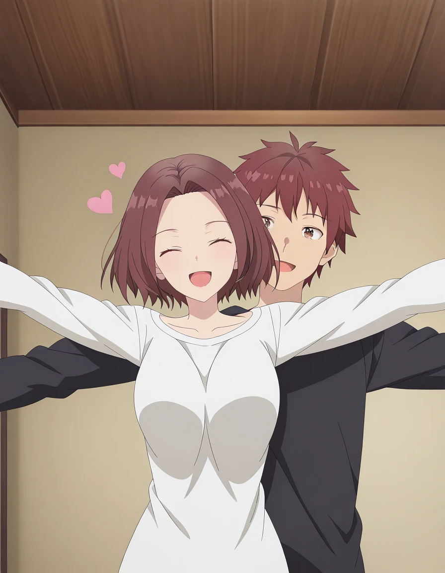 masterpiece, best quality, amazing quality,, <lora:sakura-natsume-s1-illustriousxl-lora-nochekaiser:1>, sakura natsume, short hair, brown hair, brown eyes, mature female, medium breasts, anime screencap, <lora:jumping-hug-illustriousxl-lora-nochekaiser:1>, jumping hug, hug, heart, closed eyes, smile, open mouth, jumping, hetero, outstretched arms, <lora:shirou-emiya-illustriousxl-lora-nochekaiser:1>, shirou emiya, red hair, short hair, spiky hair, brown eyes, 1boy,