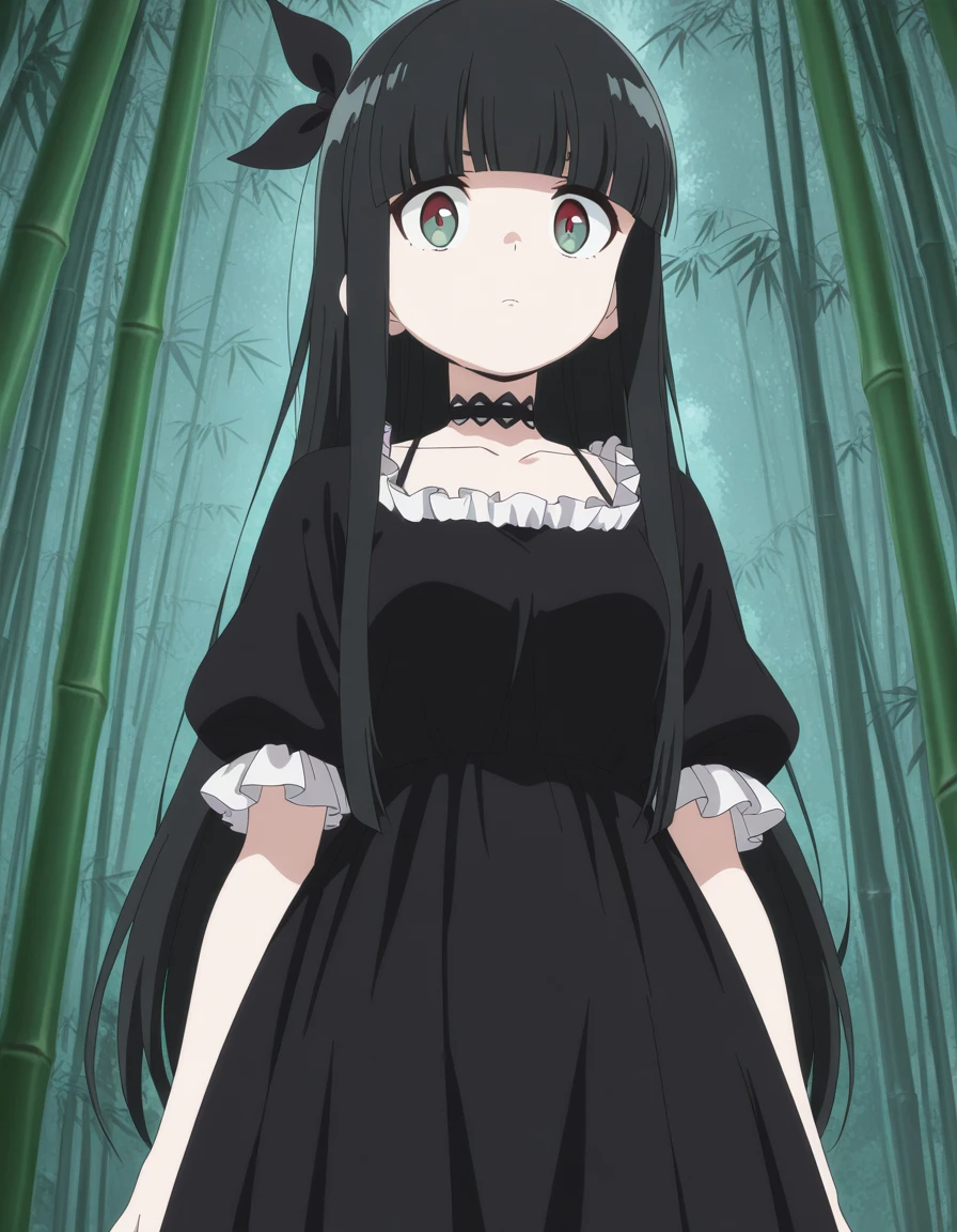 masterpiece, best quality, amazing quality,, <lora:torayo-kurokuma-s1-illustriousxl-lora-nochekaiser:1>, torayo kurokuma, long hair, black hair, red eyes, green eyes, bow, ribbon, sidelocks, hair bow, black bow, blunt bangs, anime screencap, dress, collarbone, frills, choker, black dress, black choker,, from below, bamboo forest, bamboo, trees, dense, wildlife, cowboy shot, solo, looking at viewer,