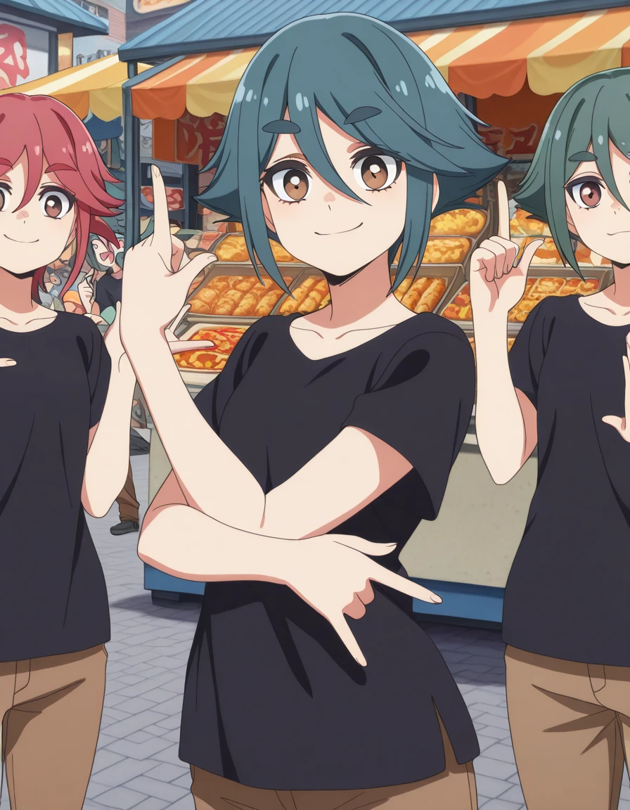 masterpiece, best quality, amazing quality,, <lora:kako-komada-s1-illustriousxl-lora-nochekaiser:1>, kako komada, short hair, hair between eyes, blue hair, green hair, brown eyes, thick eyebrows, anime screencap, shirt, collarbone, short sleeves, pants, black shirt, t-shirt, brown pants, <lora:kakyoin-noriakis-pose-illustriousxl-lora-nochekaiser:1>, kakyoin noriakis pose, kakyoin noriaki's pose (jojo), jojo pose, m/, pointing up, hands up, looking at viewer, smile, cowboy shot, street market, vendor, street food, bustling crowd, local flavor, vibrant, cowboy shot, solo, looking at viewer,