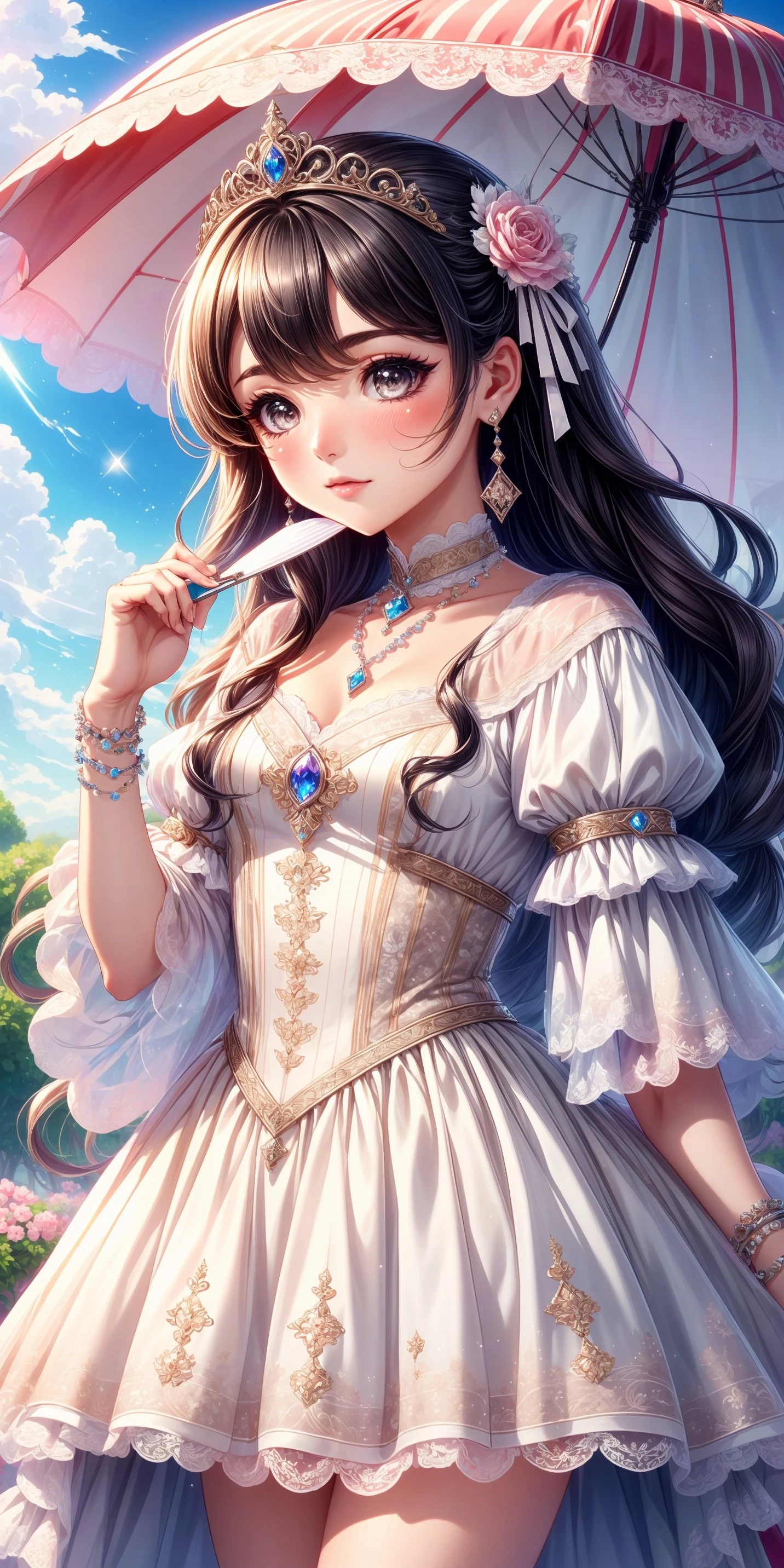 1girl, blushing, full face blushing, princesscore, parasol, handheld fan, dress, gown, (intricate ornate ballgown), wedding gown, flowy dress, tunic, long robe, corset, shawl, lace, lace trim, ruffles, frills, embroidery, tiara, crown, jewelry, earrings, necklace, bangles, ring, gloves, anklets, sparkles, glitter, <lora:more_details:0.7>, <lora:scene_:0.5>, <lora:FashionComplexityEnhancerLORAv1:0.4>, <lora:3762801c-b16c-46c6-afd6-3ff9ae81c475:0.6>, <lora:f7d08feb-f21d-42d0-9ef1-a9481867524d:0.3>, <lora:96073874-f082-4683-942e-601cecac5c40:0.3>, <lora:5844635f-c9c3-4f9e-85c4-d0d40f201159:0.3>, <lora:dde4416e-9f24-48d4-a965-d989baea5d73:0.2>, ,