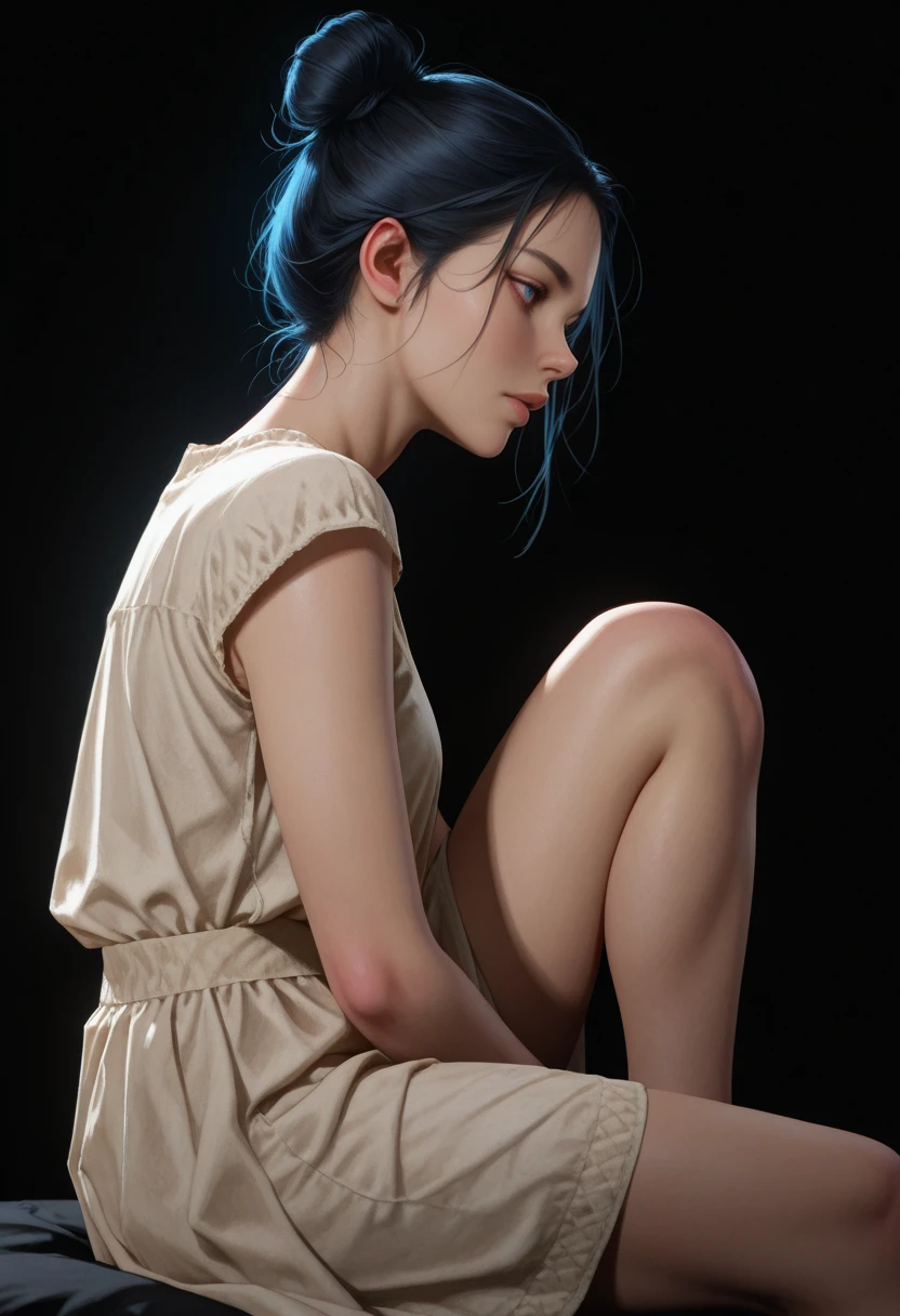 masterpiece, very aesthetic, best quality, absurdres, newest, solo,
<lora:ILRDR2Abigail:1.0>
RDR2Abigail, 1girl, black hair, blue eyes, hair bun, sitting, knee up, from the side, black background, back lighting
