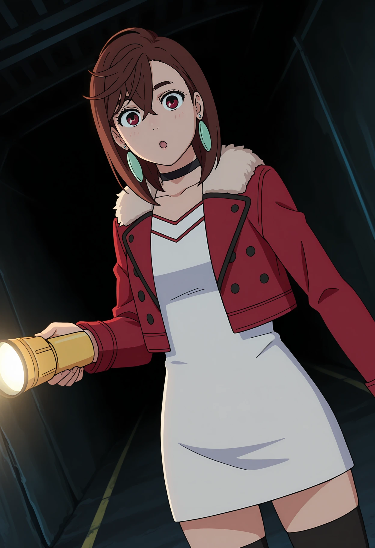 anime screencap, masterpiece, best quality,
<lora:Dandadan_AyaseMomo_IlluXL:0.9>,
1girl, solo, :o, curious,
asymmetrical bangs, hair between eyes, medium hair, brown hair, red eyes, earrings,
MomoWhiteDress, black choker, fur-trimmed jacket, open jacket, cropped jacket, red jacket, short dress, white dress, black thighhighs,
holding, flashlight,
looking at viewer, cowboy shot, dutch angle,
tunnel, road, darkness, dark, dark background