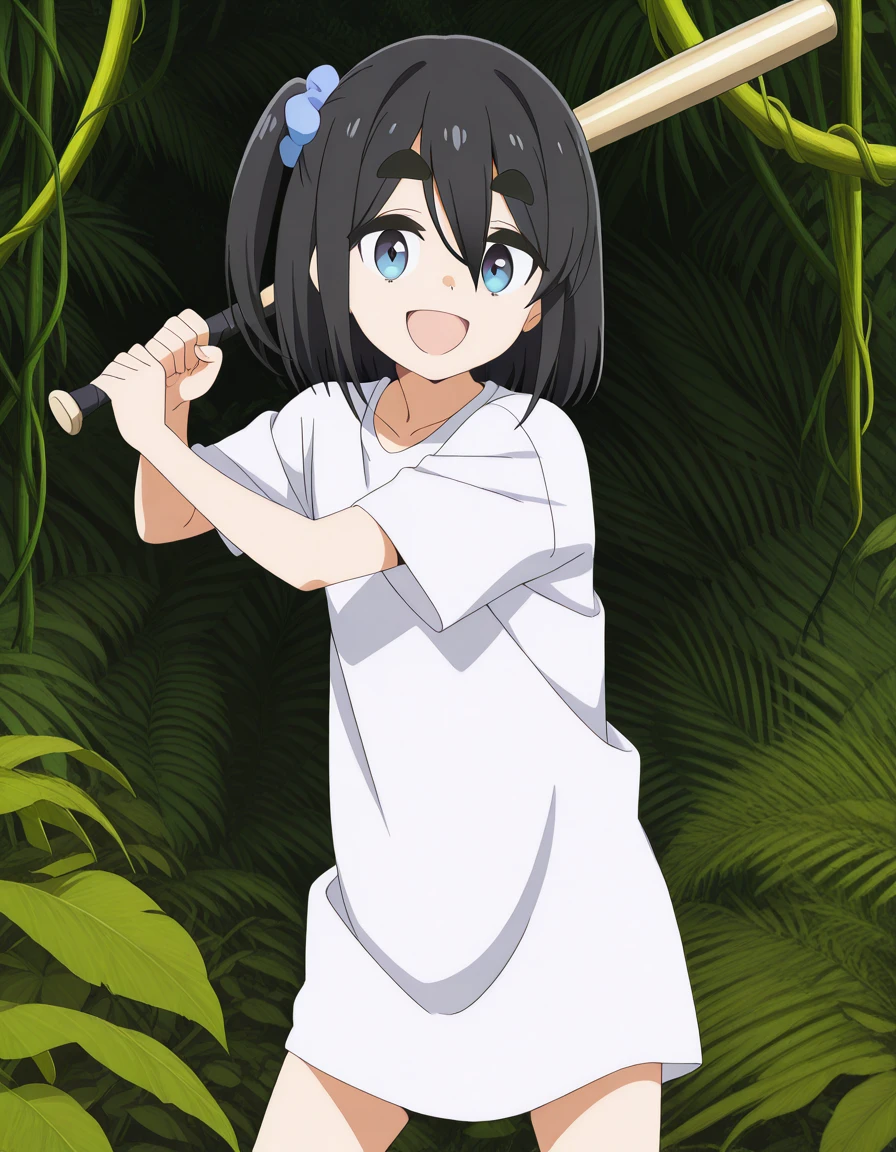 masterpiece, best quality, amazing quality,, <lora:satsuki-amamiya-s1-illustriousxl-lora-nochekaiser:1>, satsuki amamiya, short hair, blue eyes, black hair, hair ornament, one side up, thick eyebrows, scrunchie, hair scrunchie, blue scrunchie, anime screencap, shirt, dress, white shirt, short sleeves, black dress, oversized t-shirt, <lora:batting-stance-illustriousxl-lora-nochekaiser:1>, batting stance, looking at viewer, smile, open mouth, baseball bat, holding baseball bat, jungle, dense, wildlife, vines, green, cowboy shot, solo, looking at viewer, <lora:transparent-background-illustriousxl-lora-nochekaiser:1>, transparent background, simple background, white background
