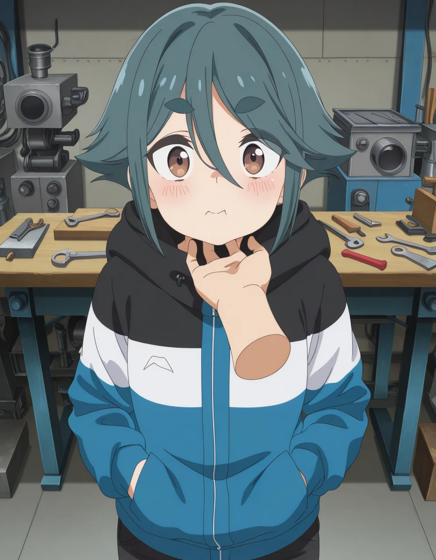 masterpiece, best quality, amazing quality,, <lora:kako-komada-s1-illustriousxl-lora-nochekaiser:1>, kako komada, short hair, hair between eyes, blue hair, green hair, brown eyes, thick eyebrows, anime screencap, long sleeves, jacket, pants, hood, hoodie, black pants, hood down, hooded jacket, multicolored clothes, multicolored jacket, <lora:stroking-anothers-chin-pov-illustriousxl-lora-nochekaiser:1>, stroking another's chin pov, stronking another's chin, pov, pov hands, blush, upper body, workshop, tools, workbench, projects, machinery, cowboy shot, solo, looking at viewer,