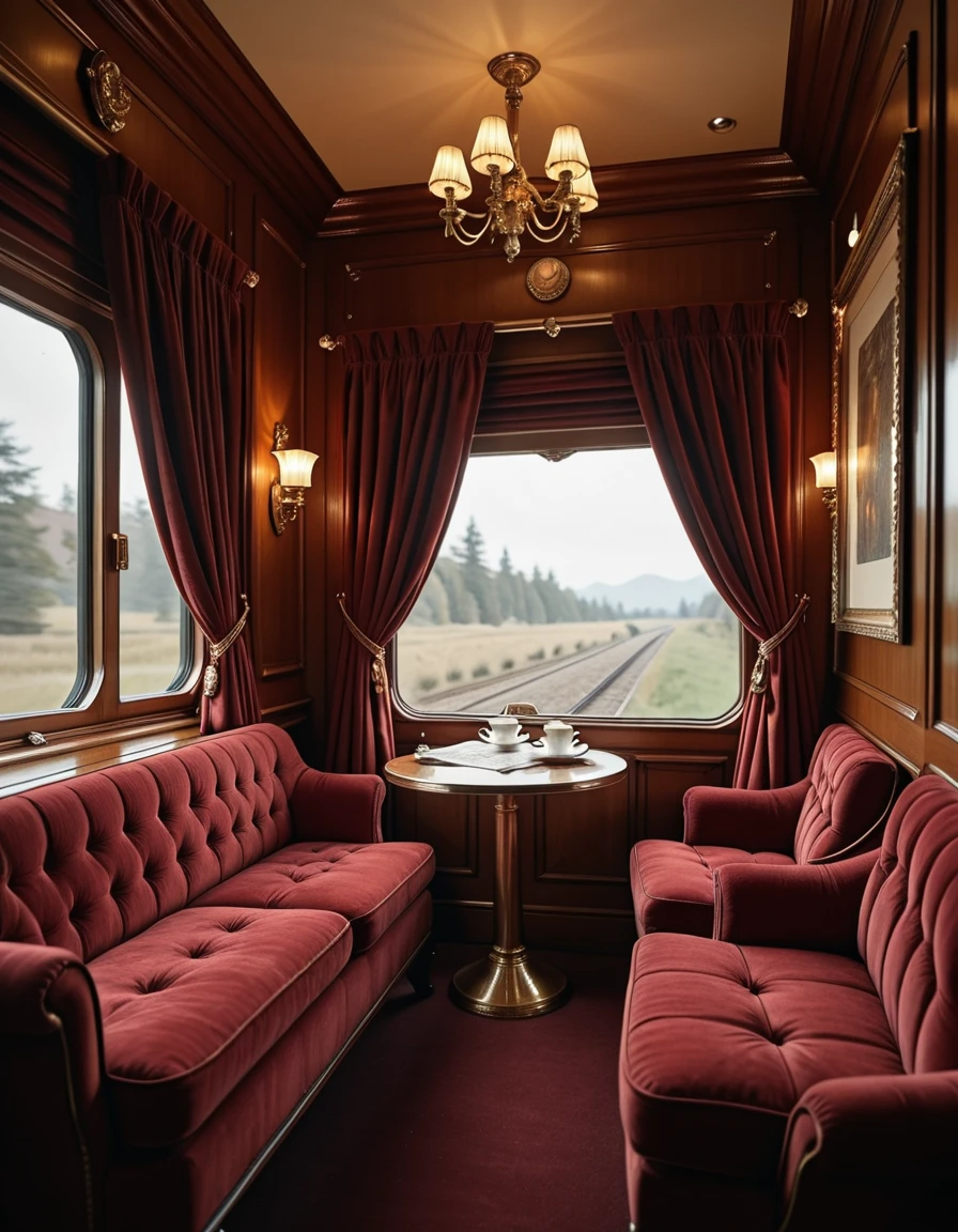 A luxurious private cabin inside the historic Orient Express train. The interior is adorned with rich mahogany wood paneling, deep burgundy velvet drapes, and ornate brass light fixtures that emit a warm, golden glow. A pair of plush upholstered seats face each other beside a small polished table, which holds a porcelain teacup and a folded newspaper. The large window frames a motion-blurred European landscape, giving a sense of movement and timeless travel. The atmosphere is elegant, quiet, and cinematicâevoking 1930s sophistication and vintage luxury. No luggage, no people, ultra-detailed, high resolution, soft ambient lighting, realistic textures, sharp focus, concept art style, interior shot only
,luxurious private c4b1n, <lora:luxurious_private_c4b1n-i:1>, Masterpiece,best quality,hi res,8k,hi res,8k,award winning,(sharp focus, intricate, highly detailed),