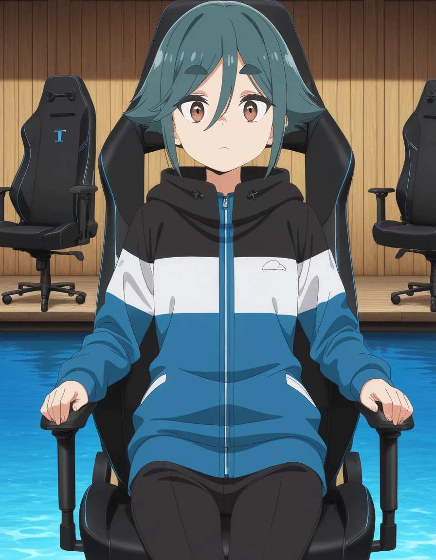 masterpiece, best quality, amazing quality,, <lora:kako-komada-s1-illustriousxl-lora-nochekaiser:1>, kako komada, short hair, hair between eyes, blue hair, green hair, brown eyes, thick eyebrows, anime screencap, long sleeves, jacket, pants, hood, hoodie, black pants, hood down, hooded jacket, multicolored clothes, multicolored jacket, <lora:secretlab-chair-illustriousxl-lora-nochekaiser:1>, secretlab chair, chair, office chair, gaming chair, sitting, cowboy shot, dock, water, boats, wood, mooring, cowboy shot, solo, looking at viewer,