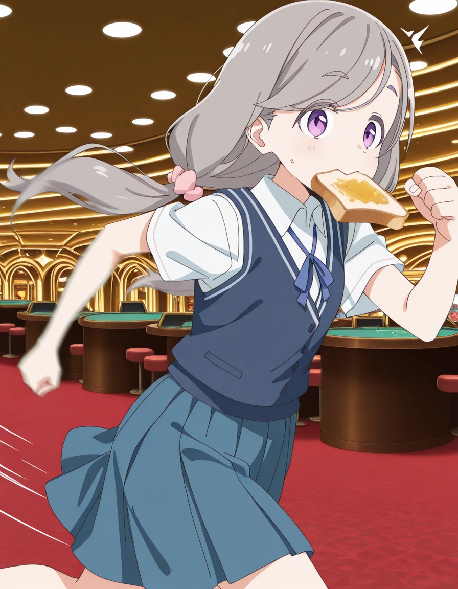 masterpiece, best quality, amazing quality,, <lora:sakurako-shikishima-s1-illustriousxl-lora-nochekaiser:1>, sakurako shikishima, long hair, hair ornament, twintails, purple eyes, swept bangs, grey hair, low twintails, thick eyebrows, scrunchie, hair scrunchie, pink scrunchie, anime screencap, shirt, ribbon, white shirt, collared shirt, vest, blue skirt, pleated skirt, blue vest, white shirt, collared shirt, <lora:food-in-mouth-running-illustriousxl-lora-nochekaiser:1>, food in mouth running, food in mouth, running, bread, bread slice, food, toast in mouth, toast, sweatdrop, motion lines, motion blur, outdoors, feet out of frame, from side, casino, games, lights, chips, luck, cowboy shot, solo, looking at viewer, <lora:transparent-background-illustriousxl-lora-nochekaiser:1>, transparent background, simple background, white background