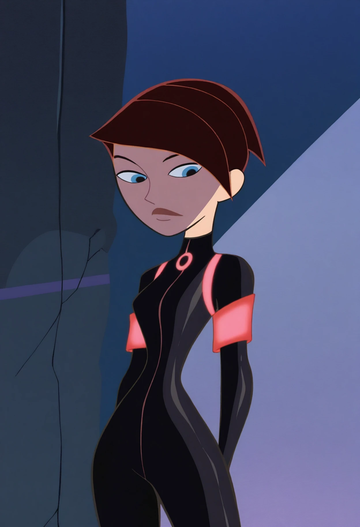 1girl, score_9, score_8_up, score_7_up, masterpiece, high quality, western cartoon, neon lighting, very detailed, depth of field, cinematic illumination, volumetric lighting, full color picture, vibrant colors, solo, alone, 
DDamsel, dark skin, 
ODuo, orange eyes, orange hair, short hair, makeup, orange lips, orange hoop earrings, short dress, orange dress, detached sleeves, gold buckle on belt, belt, zettai ryouiki, black thighhighs, black thigh boots,
sitting, on floor, facing forward, full body, looking at viewer, head tilt, leaning on knee,