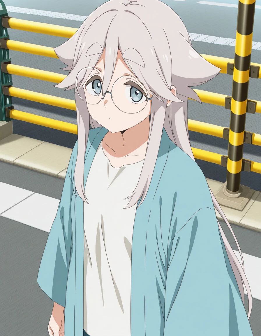 masterpiece, best quality, amazing quality,, <lora:haruno-akiyama-s1-illustriousxl-lora-nochekaiser:1>, haruno akiyama, long hair, blue eyes, hair between eyes, grey hair, sidelocks, glasses, thick eyebrows, round eyewear, mature female, small breasts, anime screencap, haori, japanese clothes, shirt, white shirt,, from above,, railroad crossing, sign, gate, train, street, cowboy shot, solo, looking at viewer, <lora:transparent-background-illustriousxl-lora-nochekaiser:1>, transparent background, simple background, white background