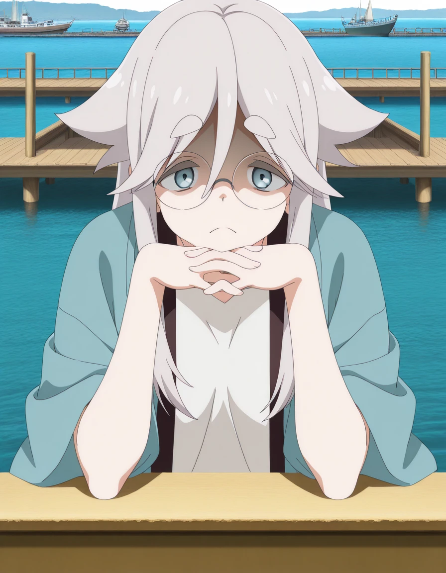 masterpiece, best quality, amazing quality,, <lora:haruno-akiyama-s1-illustriousxl-lora-nochekaiser:1>, haruno akiyama, long hair, blue eyes, hair between eyes, grey hair, sidelocks, glasses, thick eyebrows, round eyewear, mature female, small breasts, anime screencap, haori, japanese clothes, shirt, white shirt,, <lora:gendou-pose-illustriousxl-lora-nochekaiser:1>, gendou pose, own hands clasped, own hands together, parody, shaded face, looking at viewer, frown, elbow rest,, harbor, boats, water, dock, trade, cowboy shot, solo, looking at viewer, <lora:transparent-background-illustriousxl-lora-nochekaiser:1>, transparent background, simple background, white background