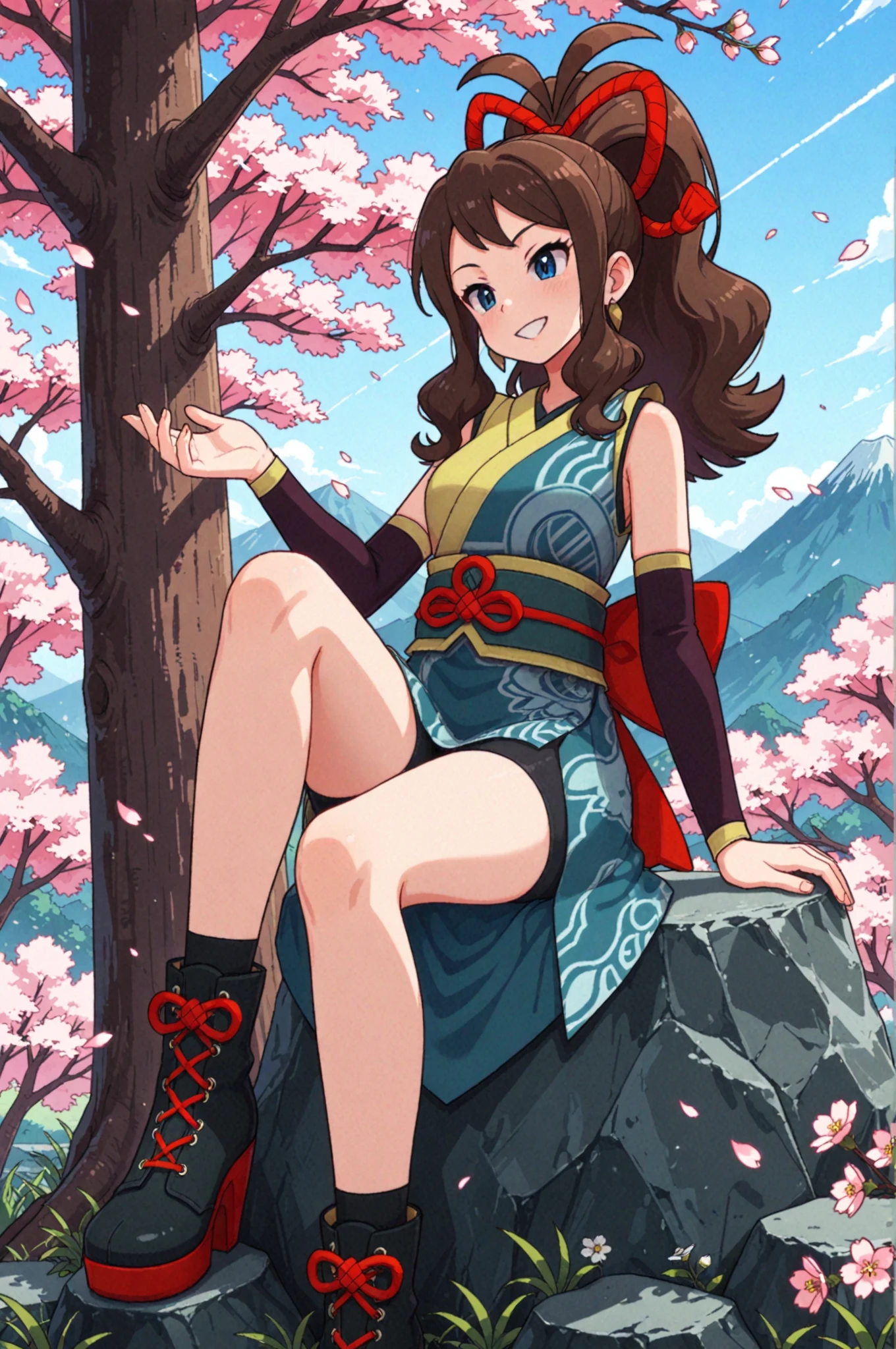 2d, masterpiece, best quality, amazing quality, highres, absurdres, newest, 1girl, solo, sitting, on rock, cherry blossoms, mountain, sunshine, clear sky, colorful, woods, landscape, medium breasts, mature female, earrings, hair ribbon, red ribbon, japanese clothes, hakama, detached sleeves, sash, hakama skirt, long skirt, boots, black footwear, hilda \(pokemon\), brown hair, high ponytail, blue eyes