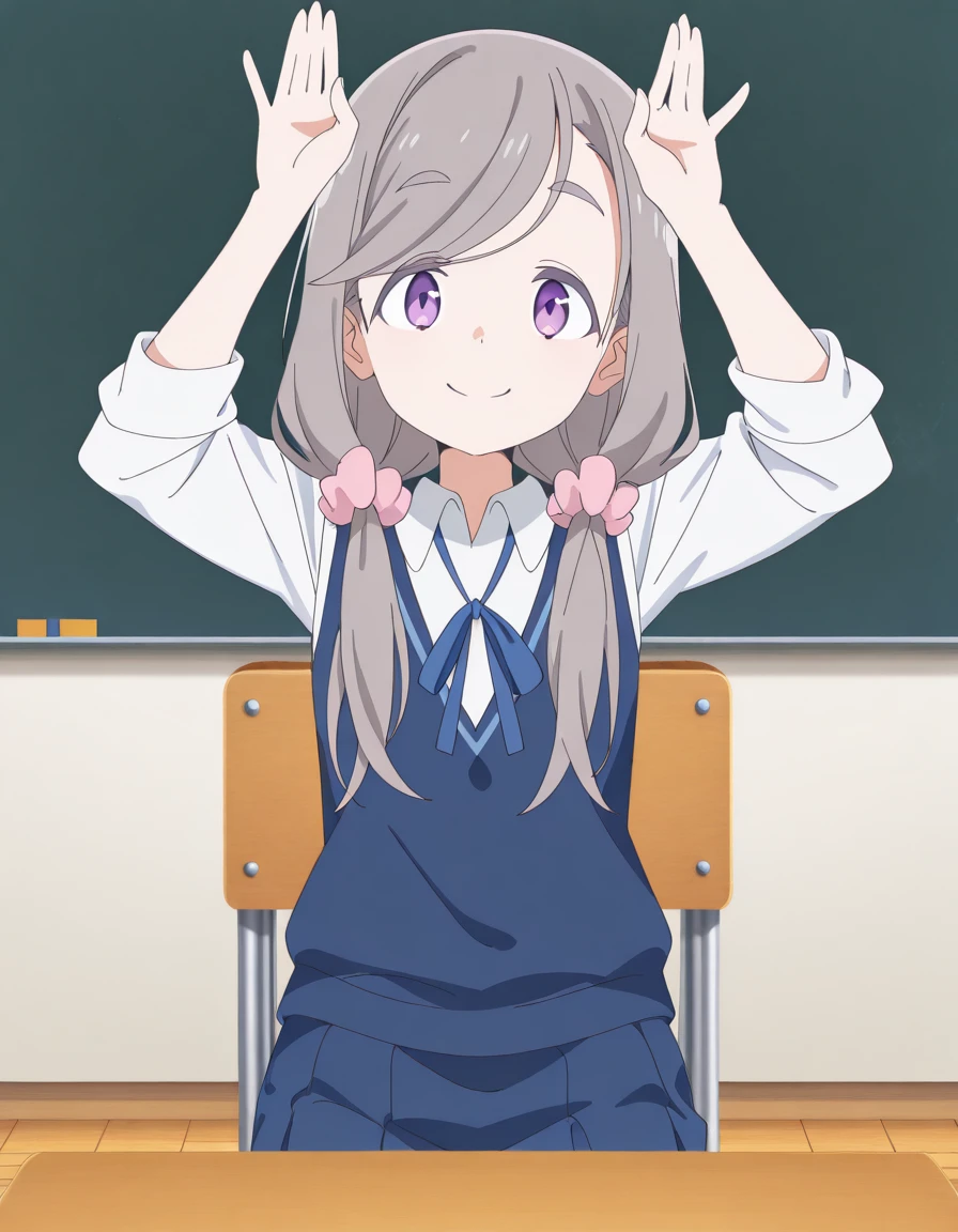 masterpiece, best quality, amazing quality,, <lora:sakurako-shikishima-s1-illustriousxl-lora-nochekaiser:1>, sakurako shikishima, long hair, hair ornament, twintails, purple eyes, swept bangs, grey hair, low twintails, thick eyebrows, scrunchie, hair scrunchie, pink scrunchie, anime screencap, shirt, ribbon, white shirt, collared shirt, vest, blue skirt, pleated skirt, blue vest, white shirt, collared shirt, <lora:rabbit-pose-illustriousxl-lora-nochekaiser:1>, rabbit pose, hands up, looking at viewer, smile, upper body, classroom, chalkboard, daytime, studying, sitting, chair, desk, cowboy shot, solo, looking at viewer, <lora:transparent-background-illustriousxl-lora-nochekaiser:1>, transparent background, simple background, white background