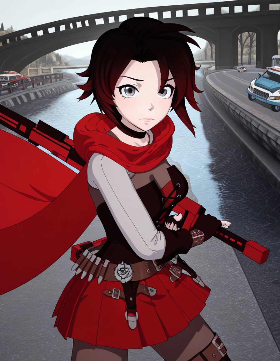 masterpiece, best quality, amazing quality,, <lora:ruby-rose-vol7-illustriousxl-lora-nochekaiser:1>, ruby rose, short hair, black hair, multicolored hair, red hair, grey eyes, black eyes, gradient hair, mature female, medium breasts, 3d, skirt, gloves, thighhighs, pantyhose, black gloves, choker, belt, fingerless gloves, cape, red skirt, corset, red cape, bandolier,, <lora:battoujutsu-stance-illustriousxl-lora-nochekaiser:1>, battoujutsu stance, looking at viewer, holding, weapon, sword, holding weapon, holding sword, standing, katana, sheath, sheathed, fighting stance, ready to draw, bridge, connection, water, road, cars, cowboy shot, solo, looking at viewer,