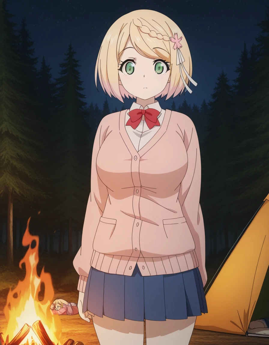 masterpiece, best quality, amazing quality,, <lora:sakura-mochida-s1-illustriousxl-lora-nochekaiser:1>, sakura mochida, short hair, blonde hair, hair ornament, green eyes, pink hair, braid, multicolored hair, hair flower, mature female, breasts, anime screencap, shirt, skirt, long sleeves, bow, white shirt, pleated skirt, collared shirt, bowtie, red bow, blue skirt, cardigan, red bowtie, pink cardigan, v,, camping, bonfire, tent, stargazing, marshmallows, forest clearing, night, cowboy shot, solo, looking at viewer,