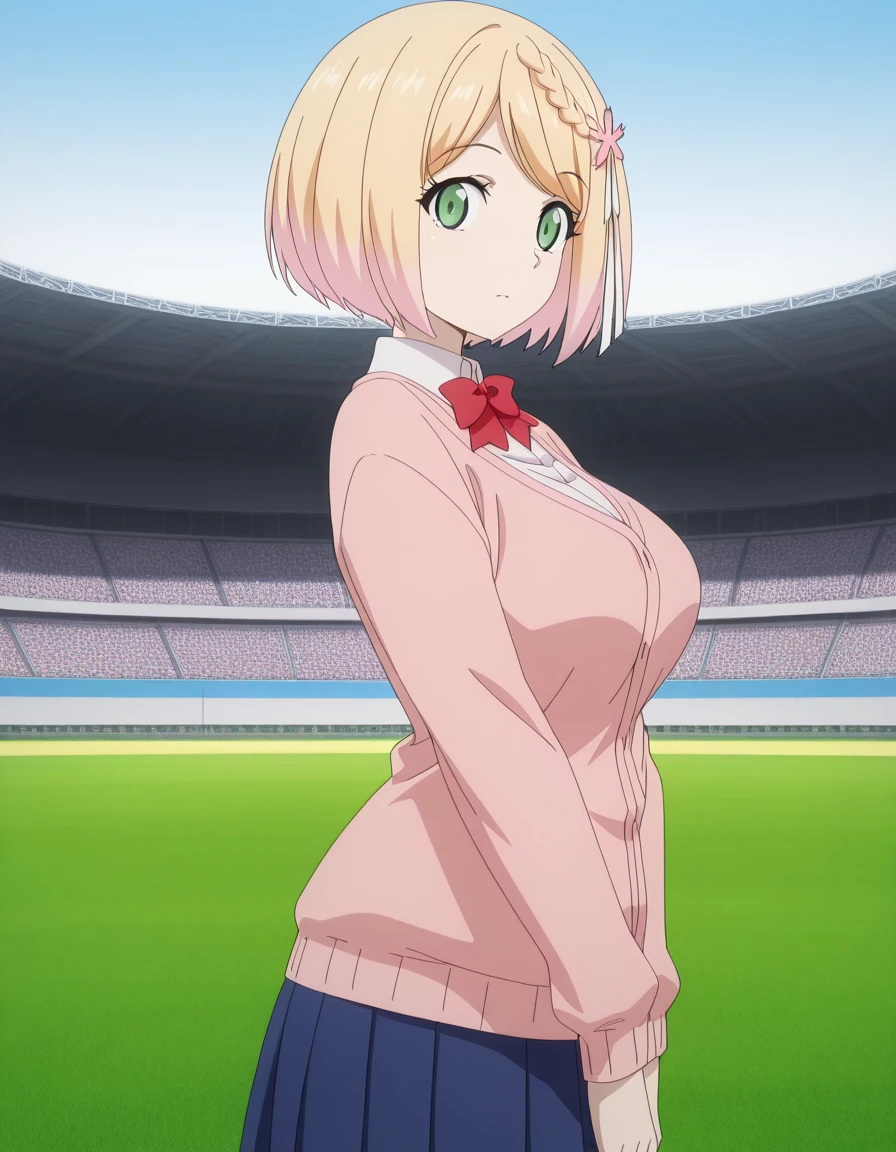 masterpiece, best quality, amazing quality,, <lora:sakura-mochida-s1-illustriousxl-lora-nochekaiser:1>, sakura mochida, short hair, blonde hair, hair ornament, green eyes, pink hair, braid, multicolored hair, hair flower, mature female, breasts, anime screencap, shirt, skirt, long sleeves, bow, white shirt, pleated skirt, collared shirt, bowtie, red bow, blue skirt, cardigan, red bowtie, pink cardigan, from side, stadium, seats, field, game, large, cowboy shot, solo, looking at viewer, <lora:transparent-background-illustriousxl-lora-nochekaiser:1>, transparent background, simple background, white background
