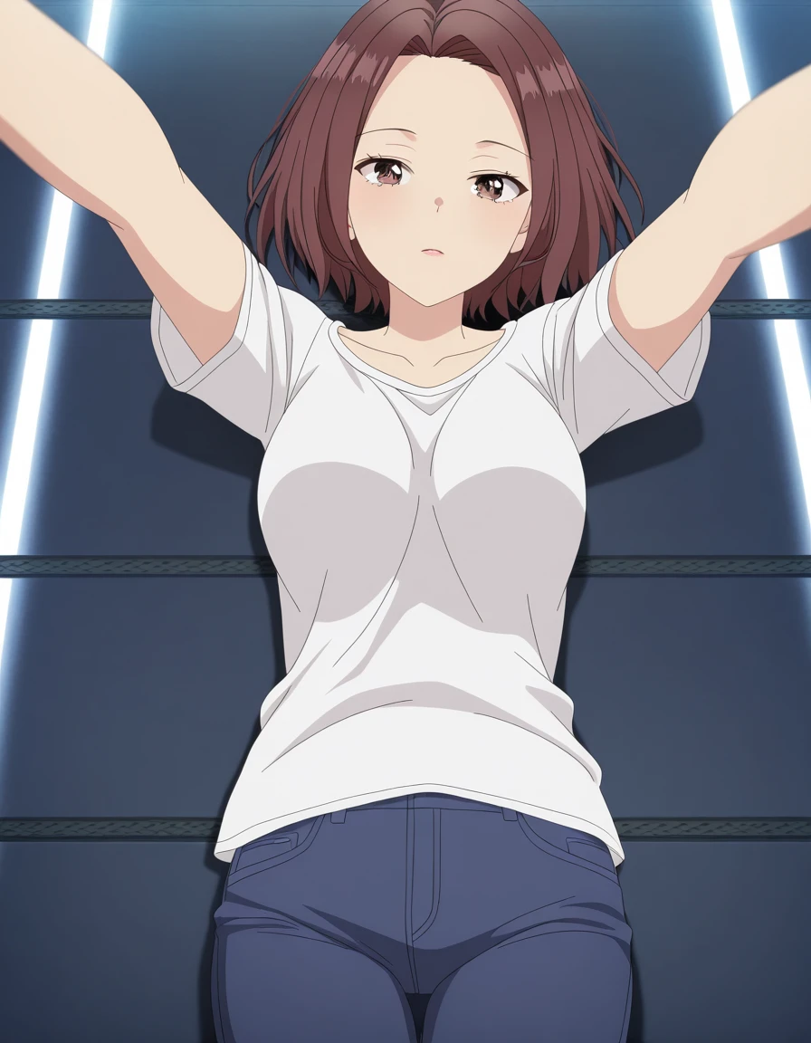 masterpiece, best quality, amazing quality,, <lora:sakura-natsume-s1-illustriousxl-lora-nochekaiser:1>, sakura natsume, short hair, brown hair, brown eyes, mature female, medium breasts, anime screencap, shirt, collarbone, white shirt, short sleeves, pants, t-shirt, jeans, blue pants, on back, arm support, arms up, incoming hug, pov, reaching, reaching towards viewer,, runway, landing, lights, speed, takeoff, cowboy shot, solo, looking at viewer,