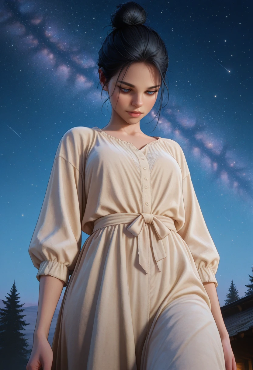 masterpiece, very aesthetic, best quality, absurdres, newest, solo,
<lora:ILRDR2Abigail:1.0>
RDR2Abigail, 1girl, black hair, blue eyes, hair bun, from below, star (sky), starry sky, looking down, outdoors