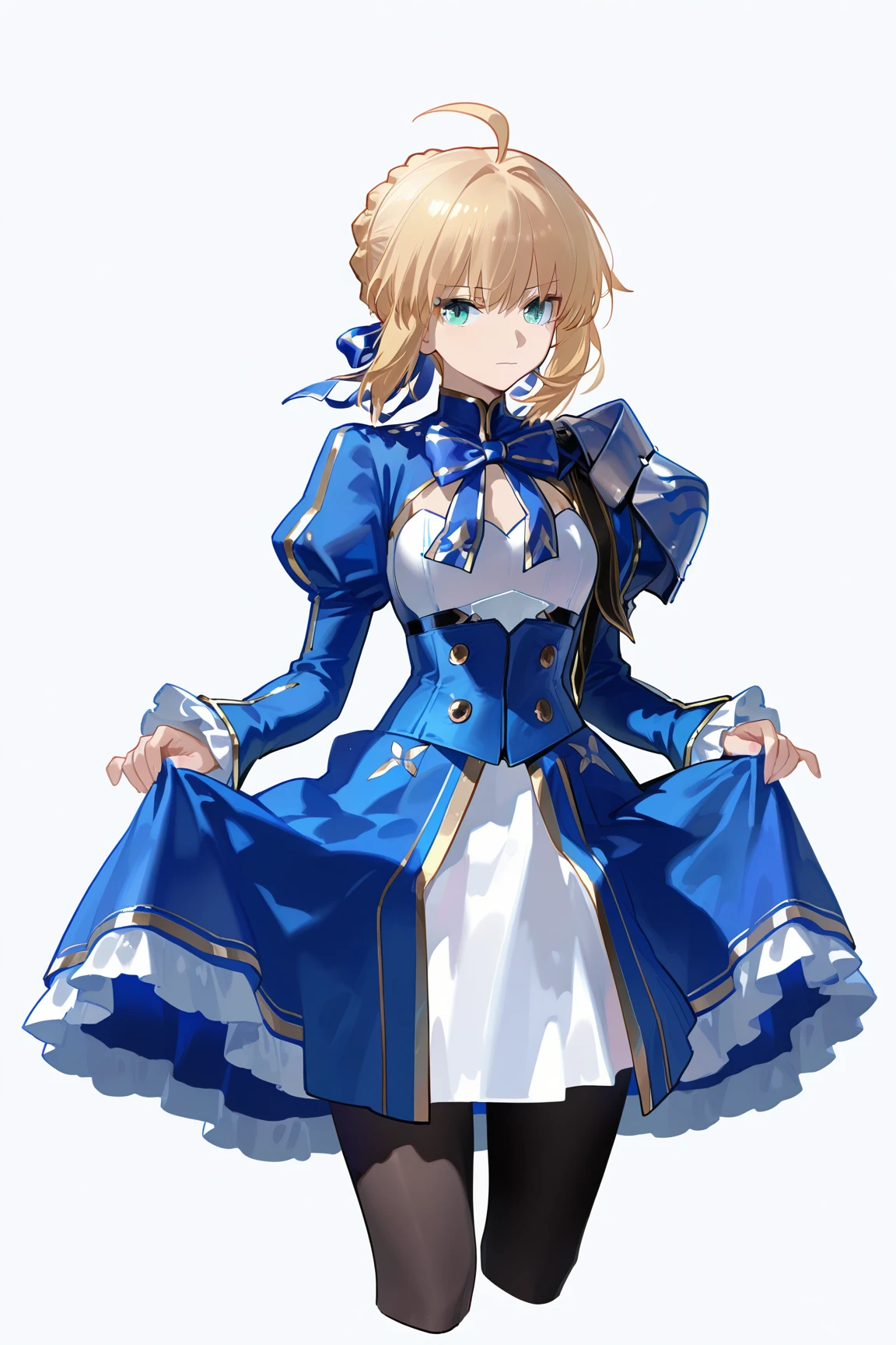saber \(honkai star rail\) \(fate\), 1girl, solo, ahoge, dress, pantyhose, white background, looking at viewer, long sleeves, braid, bow, blue dress, ribbon, blue bow, skirt hold, simple background, hair ribbon, blue ribbon, juliet sleeves, closed mouth, blue bowtie, alternate costume, bowtie, puffy sleeves, cropped legs,shoulder armor, <lora:c_saber (honkai star rail) (fate)_ilv1.0_xl:1>, masterpiece,best quality,
