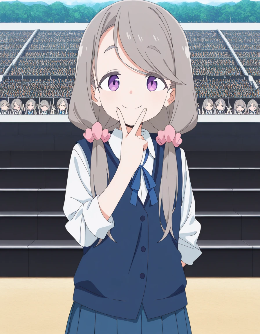 masterpiece, best quality, amazing quality,, <lora:sakurako-shikishima-s1-illustriousxl-lora-nochekaiser:1>, sakurako shikishima, long hair, hair ornament, twintails, purple eyes, swept bangs, grey hair, low twintails, thick eyebrows, scrunchie, hair scrunchie, pink scrunchie, anime screencap, shirt, ribbon, white shirt, collared shirt, vest, blue skirt, pleated skirt, blue vest, white shirt, collared shirt, v, v over mouth, smug,, amphitheater, seats, outdoor, stage, large, cowboy shot, solo, looking at viewer, <lora:transparent-background-illustriousxl-lora-nochekaiser:1>, transparent background, simple background, white background