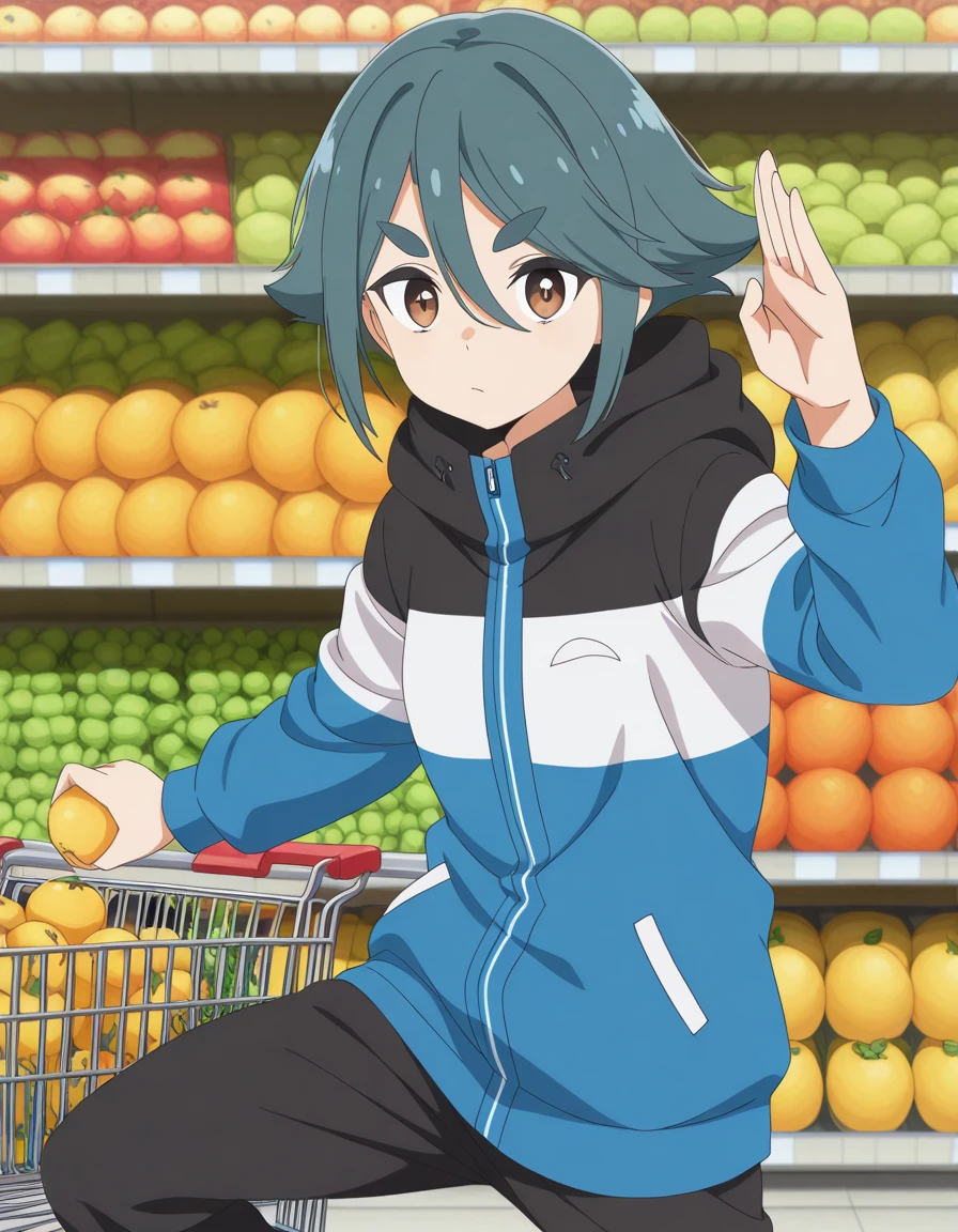 masterpiece, best quality, amazing quality,, <lora:kako-komada-s1-illustriousxl-lora-nochekaiser:1>, kako komada, short hair, hair between eyes, blue hair, green hair, brown eyes, thick eyebrows, anime screencap, long sleeves, jacket, pants, hood, hoodie, black pants, hood down, hooded jacket, multicolored clothes, multicolored jacket, <lora:kung-fu-illustriousxl-lora-nochekaiser:1>, kung fu, martial arts, training, fighting stance, cowboy shot, hand up, leg up, grocery store, shopping cart, picking fruits, everyday life, cowboy shot, solo, looking at viewer,