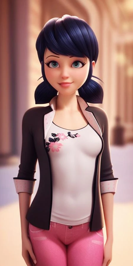 super detailed, unbuttoned jacket, white T-shirt, pink jeans, bright bluebell eyes, shoulder-length black hair with blue reflections tied back in pigtails, light pink lips, body like in real life, large pores, fair skin, slender, very little very flat breasts, unreal engine, octane render, droped shadow, bokeh, cinematic lighting, Marinette Dupen-Cheng