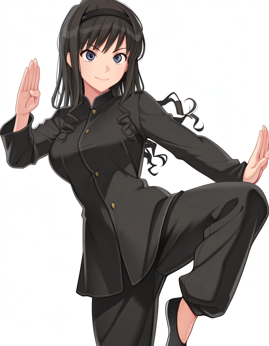masterpiece, best quality, amazing quality,, <lora:haruka-morishima-illustriousxl-lora-nochekaiser:1>, haruka morishima, morishima haruka, long hair, black hair, hairband, black hairband, mature female, breasts,, <lora:kung-fu-illustriousxl-lora-nochekaiser:1>, kung fu, martial arts, training, fighting stance, cowboy shot, hand up, leg up, , <lora:transparent-background-illustriousxl-lora-nochekaiser:1>, transparent background, simple background, white background