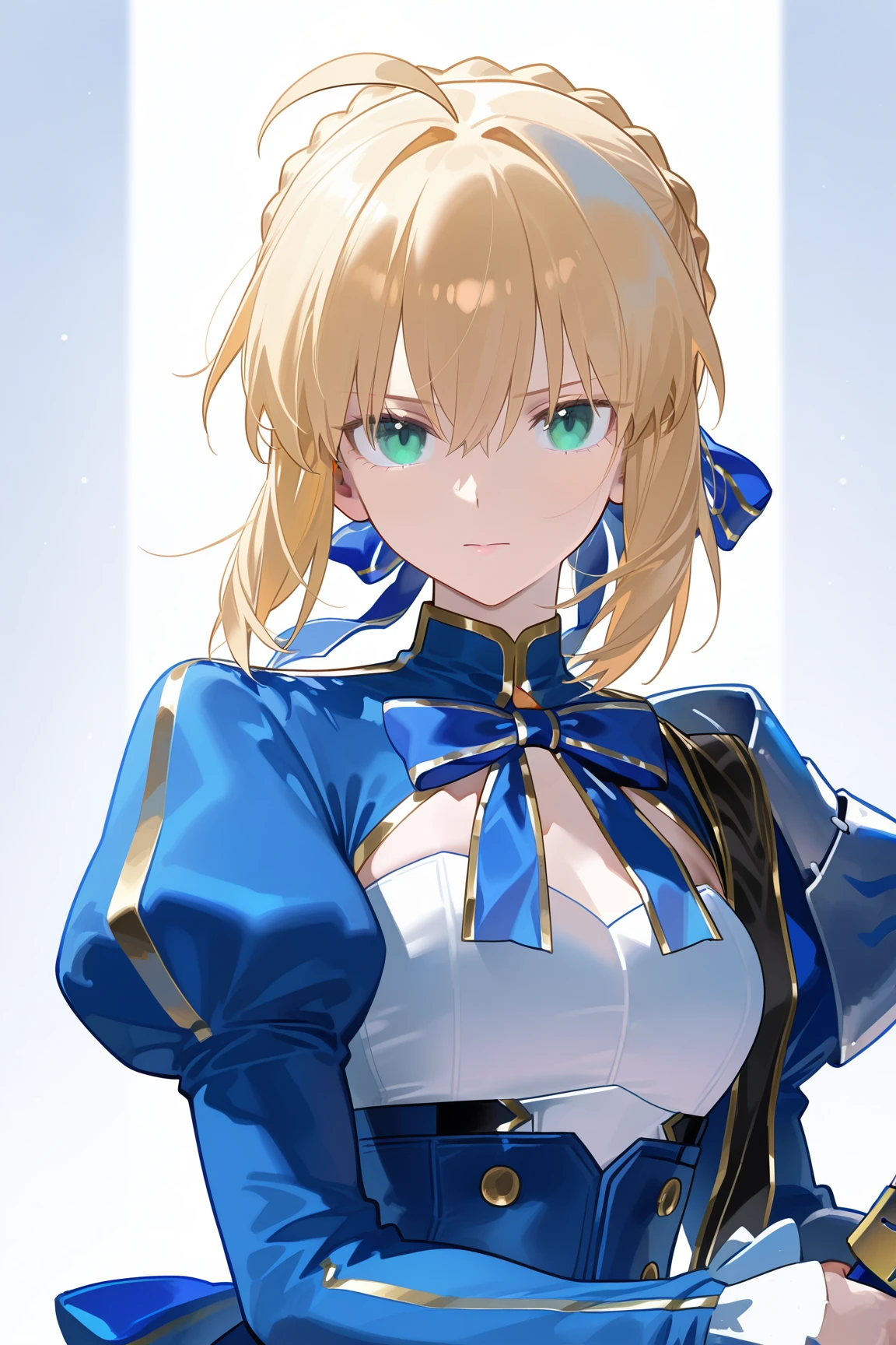 <lora:c_saber (honkai star rail) (fate)_ilv1.0_xl:0.9>saber \(honkai star rail\) \(fate\), 1girl, solo, ahoge, weapon, sword, looking at viewer, ribbon, juliet sleeves, braid, long sleeves, hair ribbon, excalibur \(fate/stay night\), puffy sleeves, blue ribbon, upper body, dress, closed mouth, hair bun, hair between eyes, armor, blue dress, masterpiece, best quality,