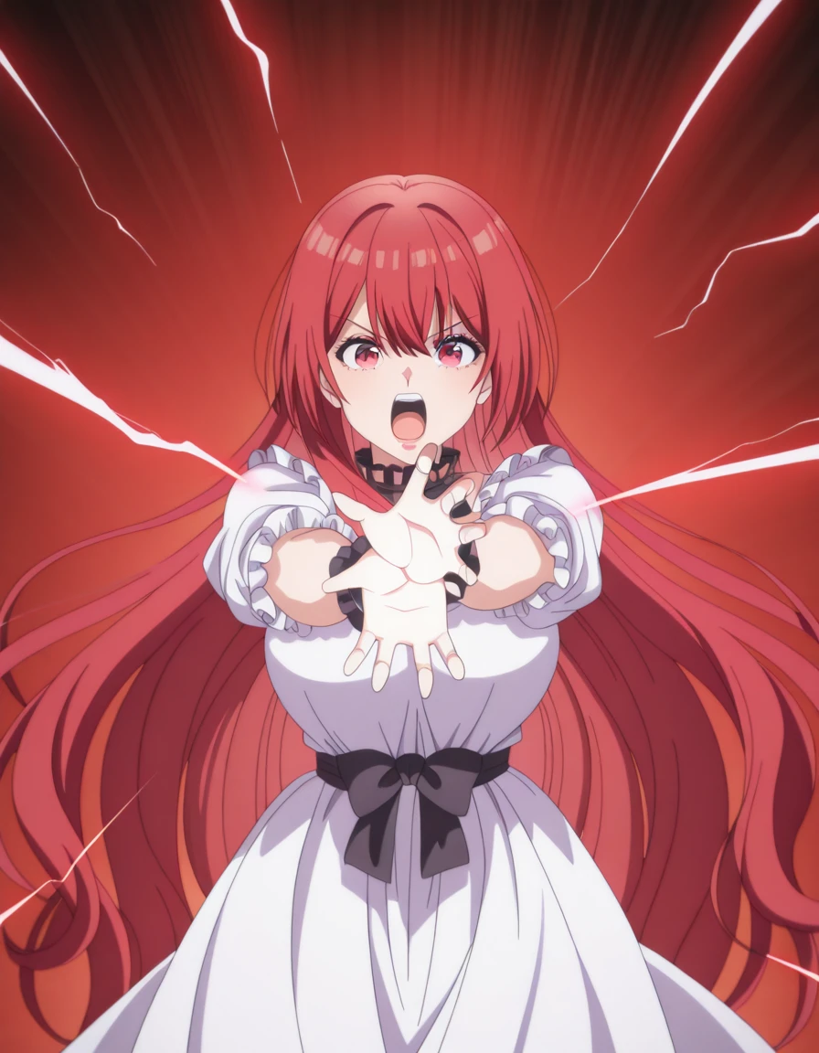 masterpiece, best quality, amazing quality,, <lora:kureha-enomoto-s1-illustriousxl-lora-nochekaiser:1>, kureha enomoto, long hair, very long hair, red eyes, red hair, mature female, breasts, anime screencap, <lora:aristocratic-clothes-illustriousxl-lora-nochekaiser:1>, aristocratic clothes, bow, chest bow, dress, frilled cuffs, frilled wrist cuffs, frills, gloves, high collar, holding unworn clothes, lace-trimmed wrist cuffs, lace collar, lace trim, long sleeves, ribbon, wrist cuffs, <lora:kamehameha-illustriousxl-lora-nochekaiser:1>, kamehameha, kamehameha (dragon ball), open mouth, incoming attack, torn clothes, shouting, energy, energy beam, energy ball, electricity,, ,